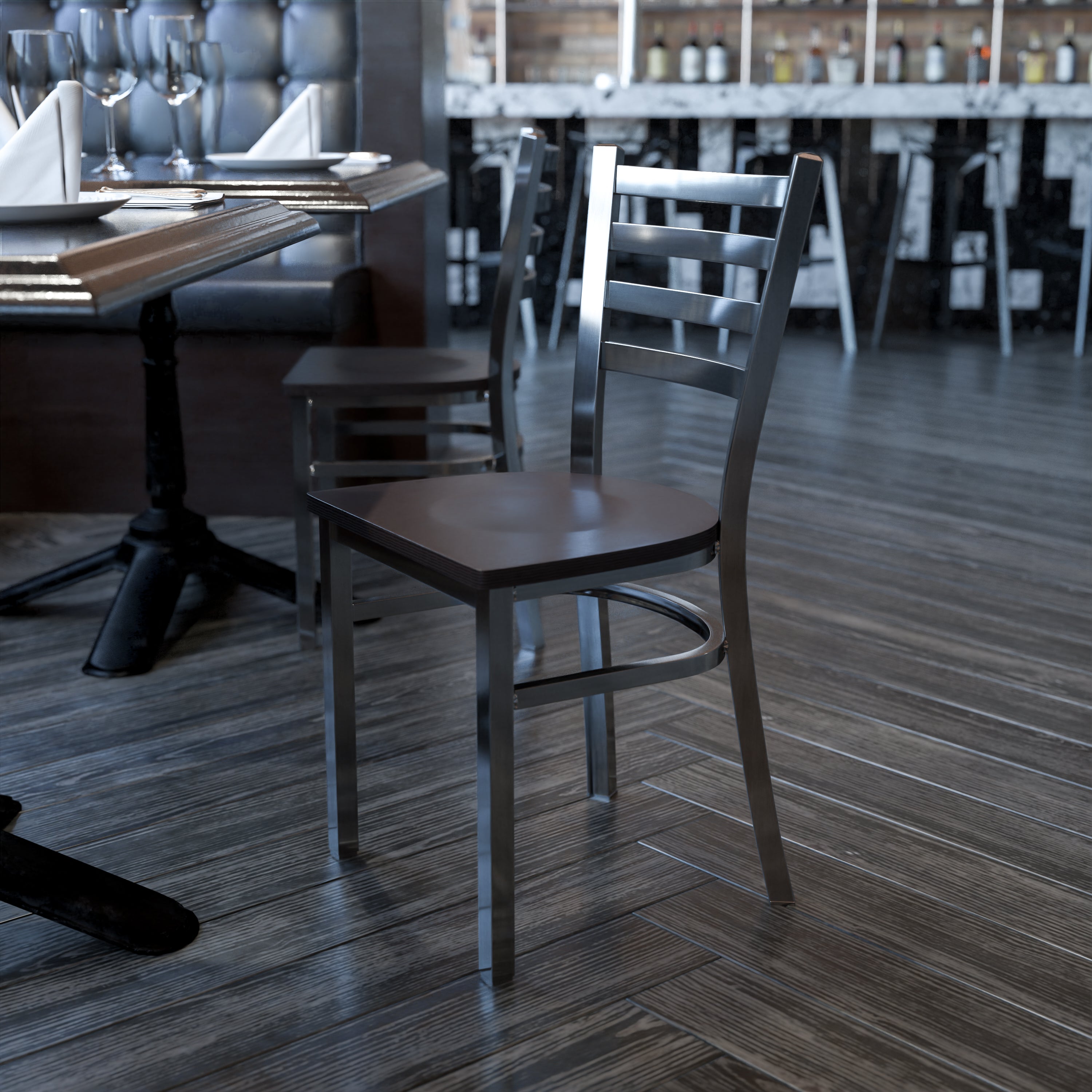 HERCULES Series Silver Antique Finish with Clear Coat Ladder Back Metal Restaurant Chair - Walnut Wood Seat