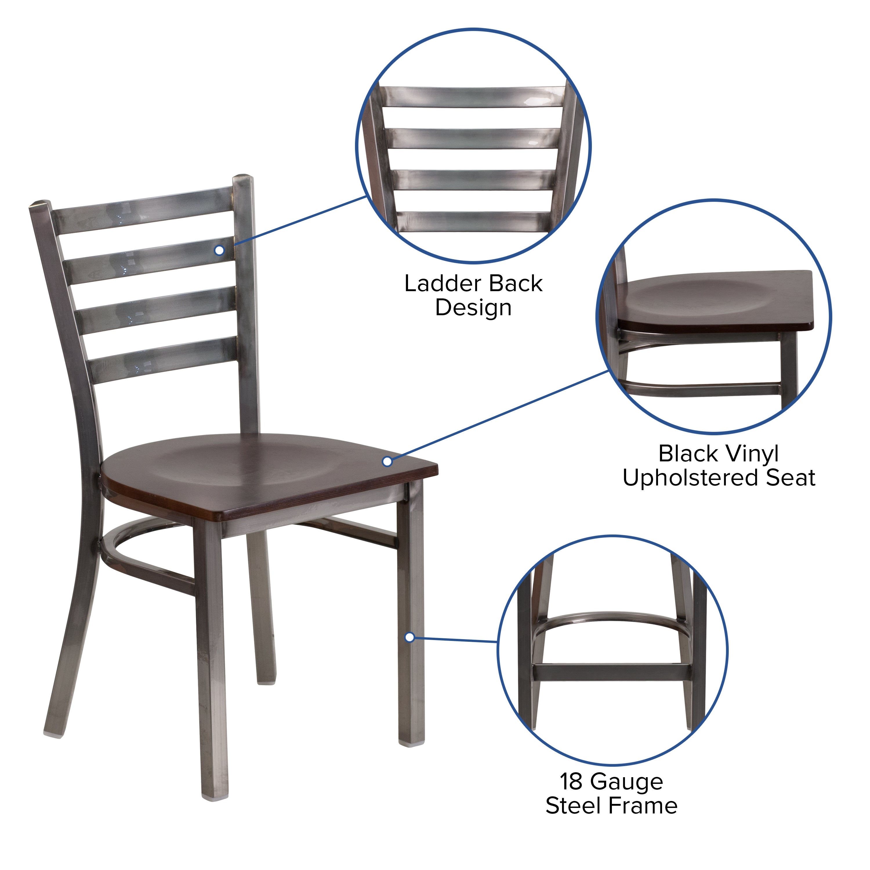 HERCULES Series Silver Antique Finish with Clear Coat Ladder Back Metal Restaurant Chair - Walnut Wood Seat