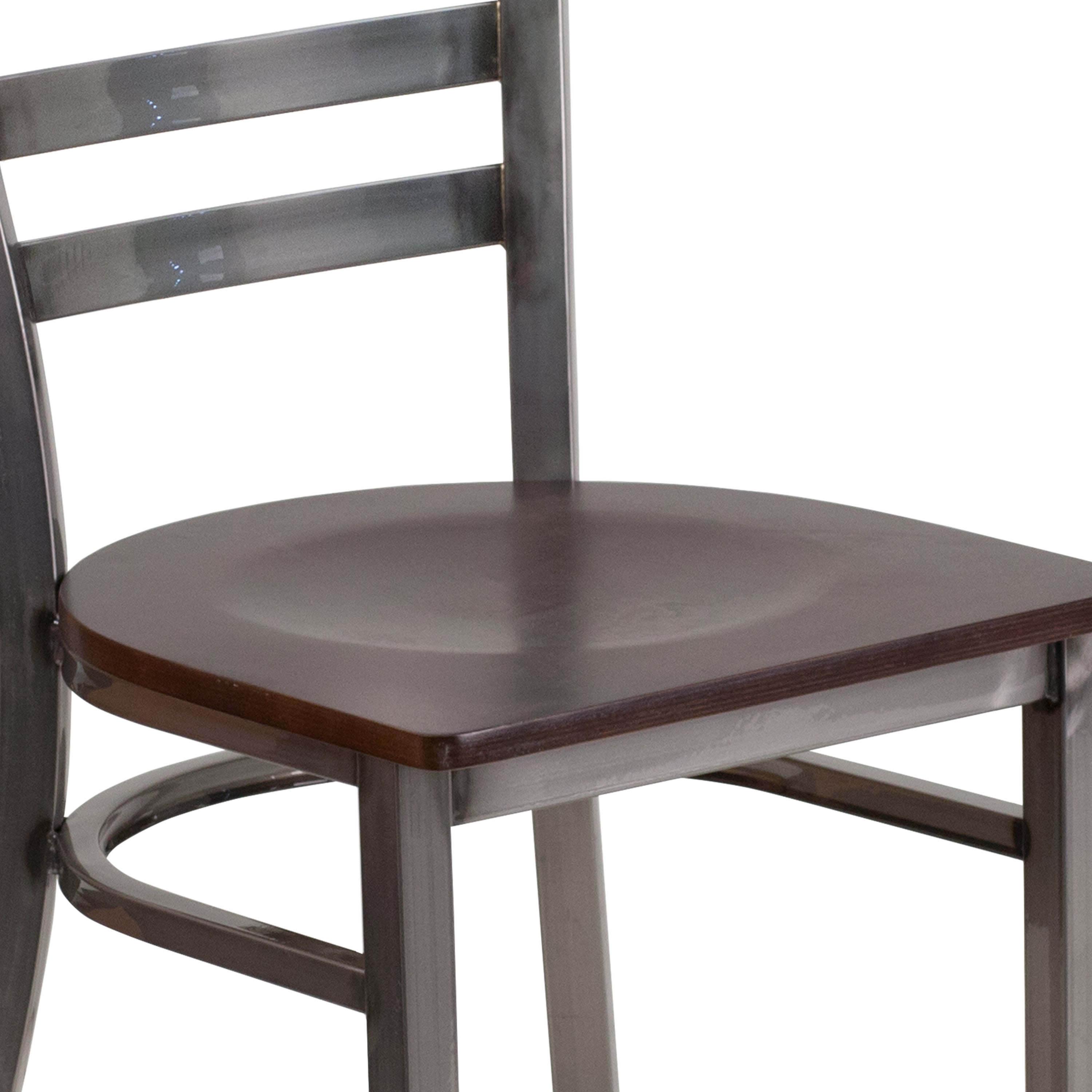 HERCULES Series Silver Antique Finish with Clear Coat Ladder Back Metal Restaurant Chair - Walnut Wood Seat