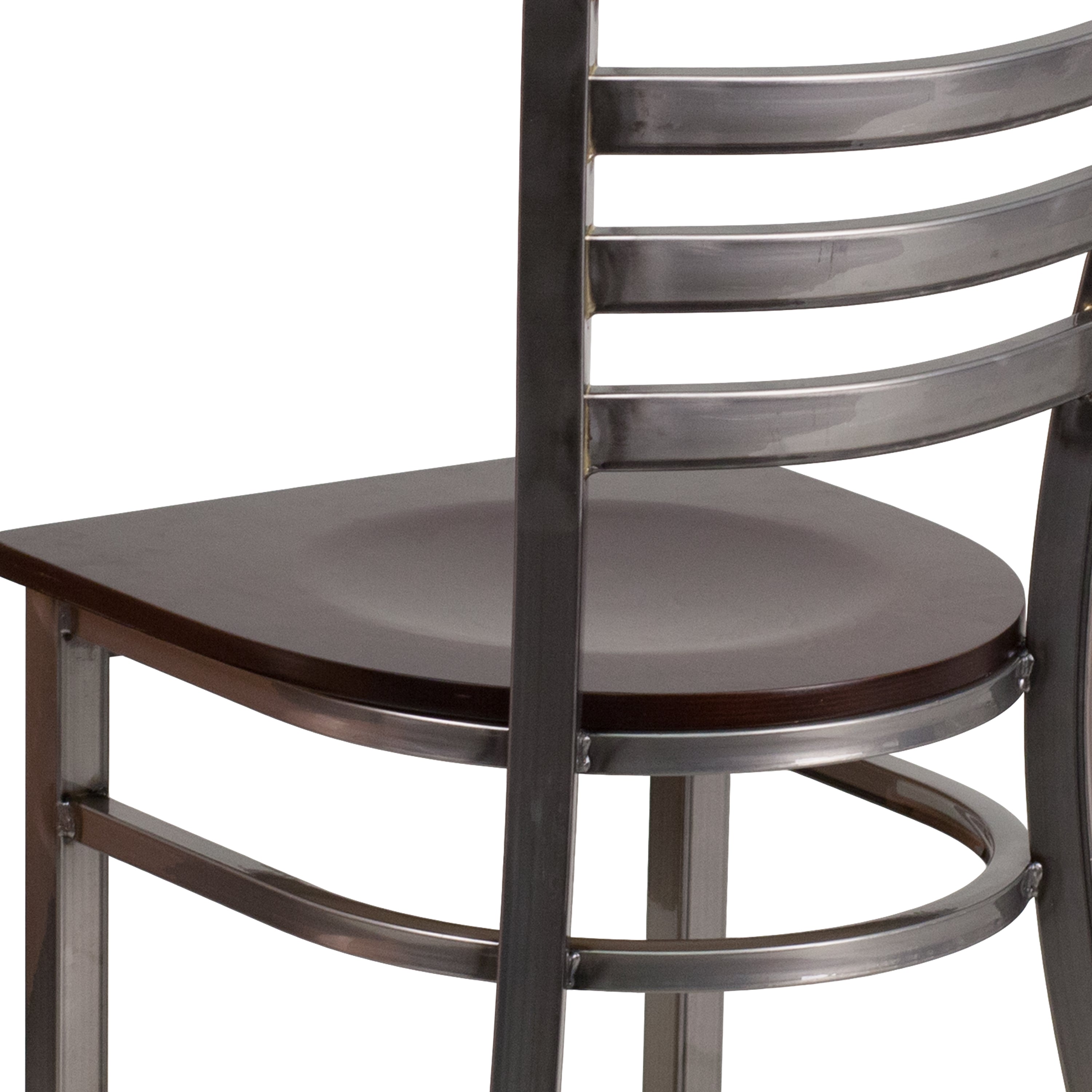 HERCULES Series Silver Antique Finish with Clear Coat Ladder Back Metal Restaurant Chair - Walnut Wood Seat