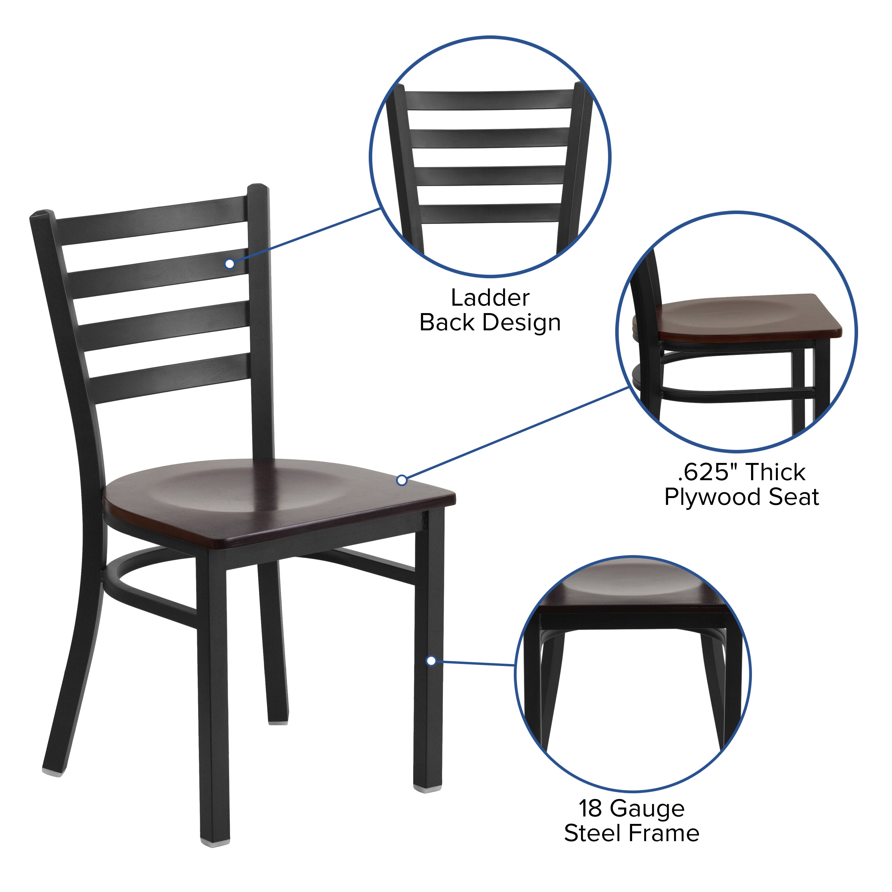 HERCULES Series Black Ladder Back Metal Restaurant Chair - Mahogany Wood Seat