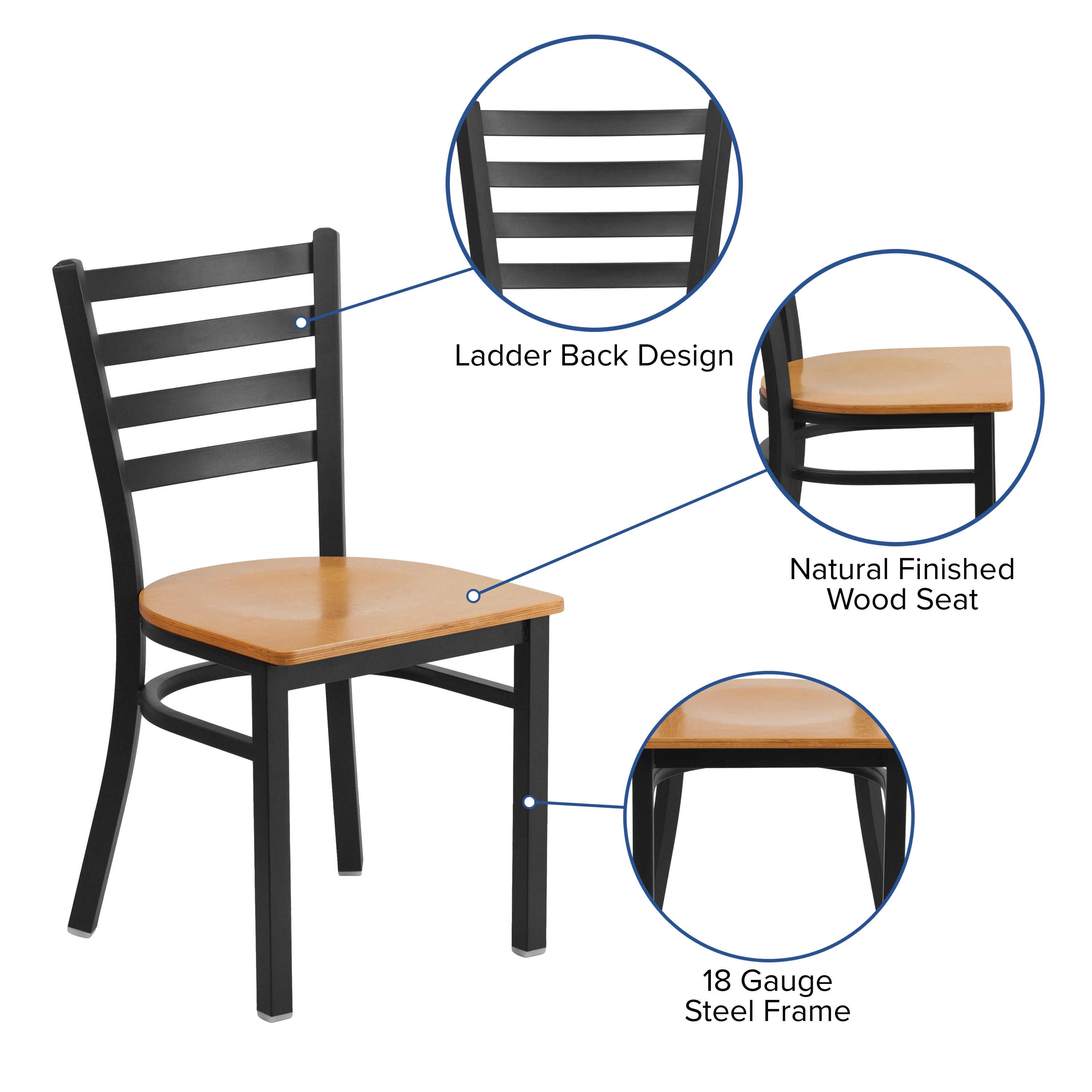 HERCULES Series Black Ladder Back Metal Restaurant Chair - Natural Wood Seat