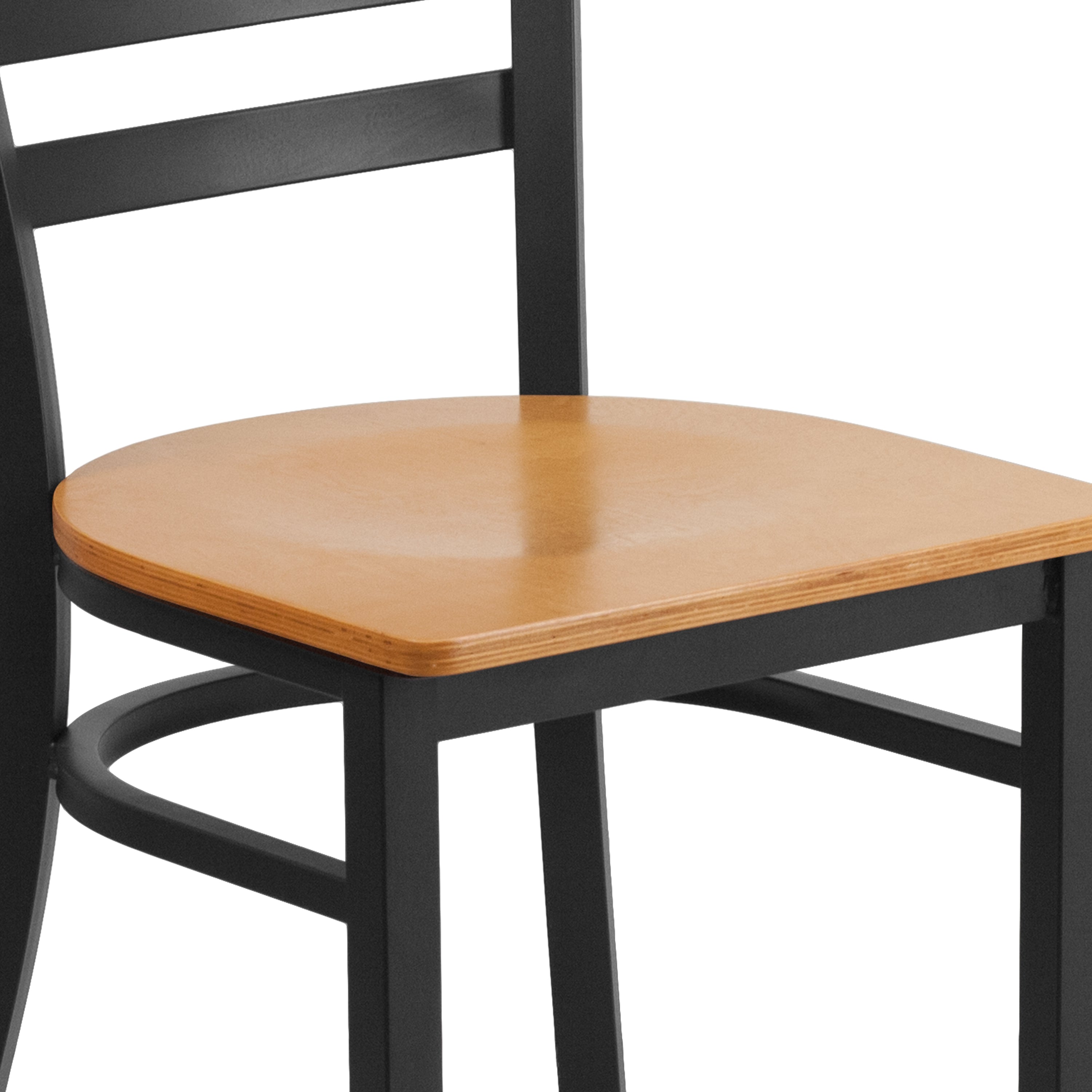 HERCULES Series Black Ladder Back Metal Restaurant Chair - Natural Wood Seat