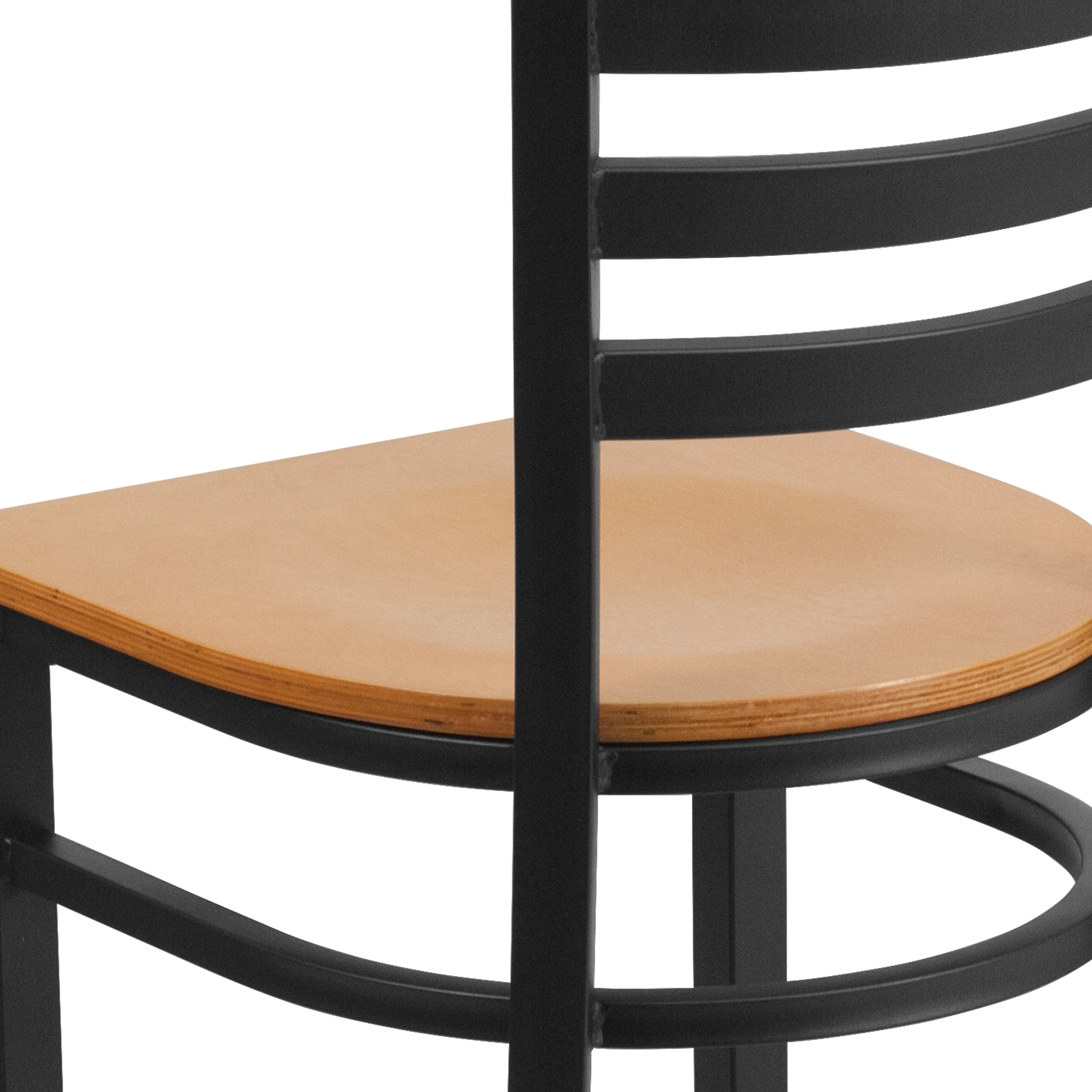 HERCULES Series Black Ladder Back Metal Restaurant Chair - Natural Wood Seat