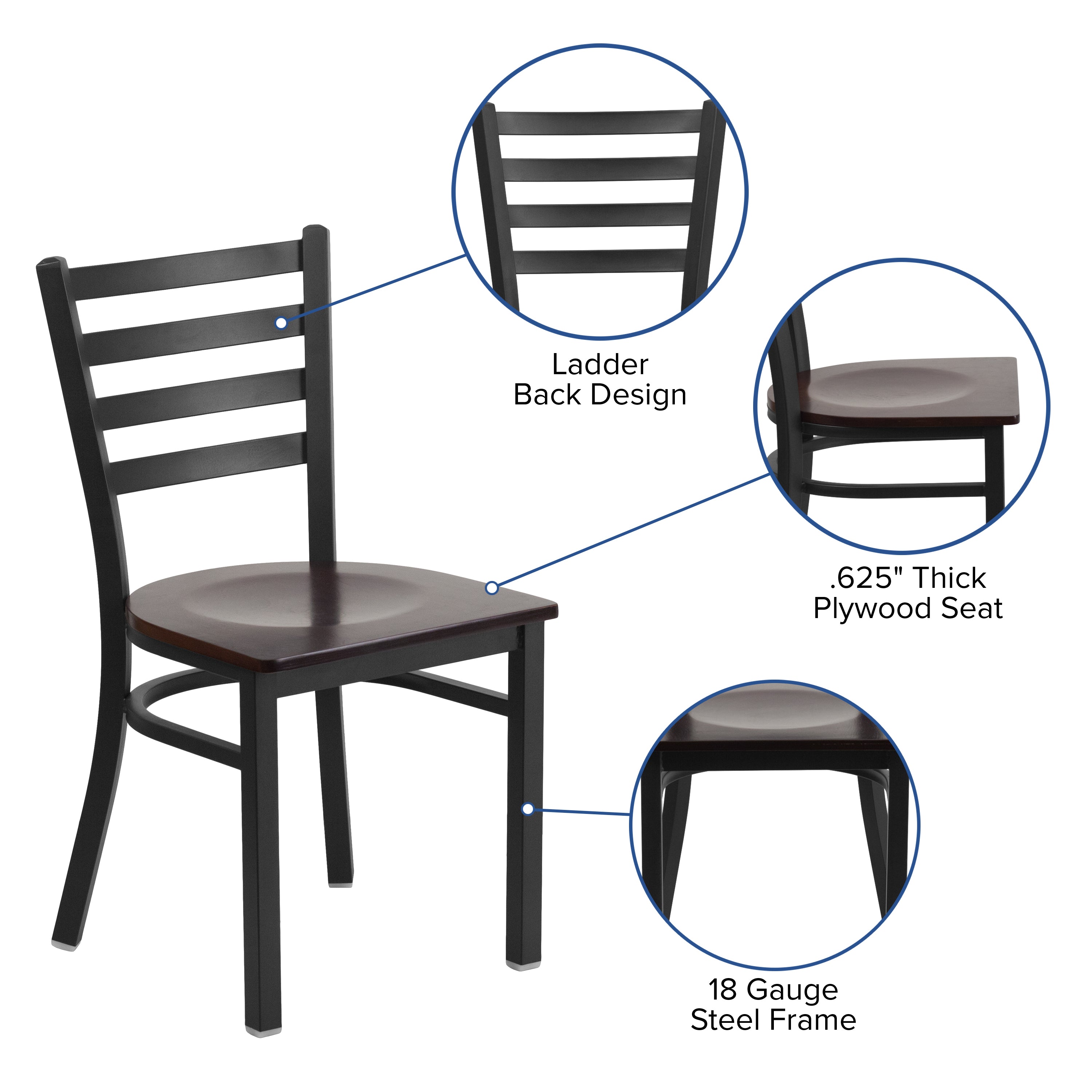 HERCULES Series Black Ladder Back Metal Restaurant Chair - Walnut Wood Seat