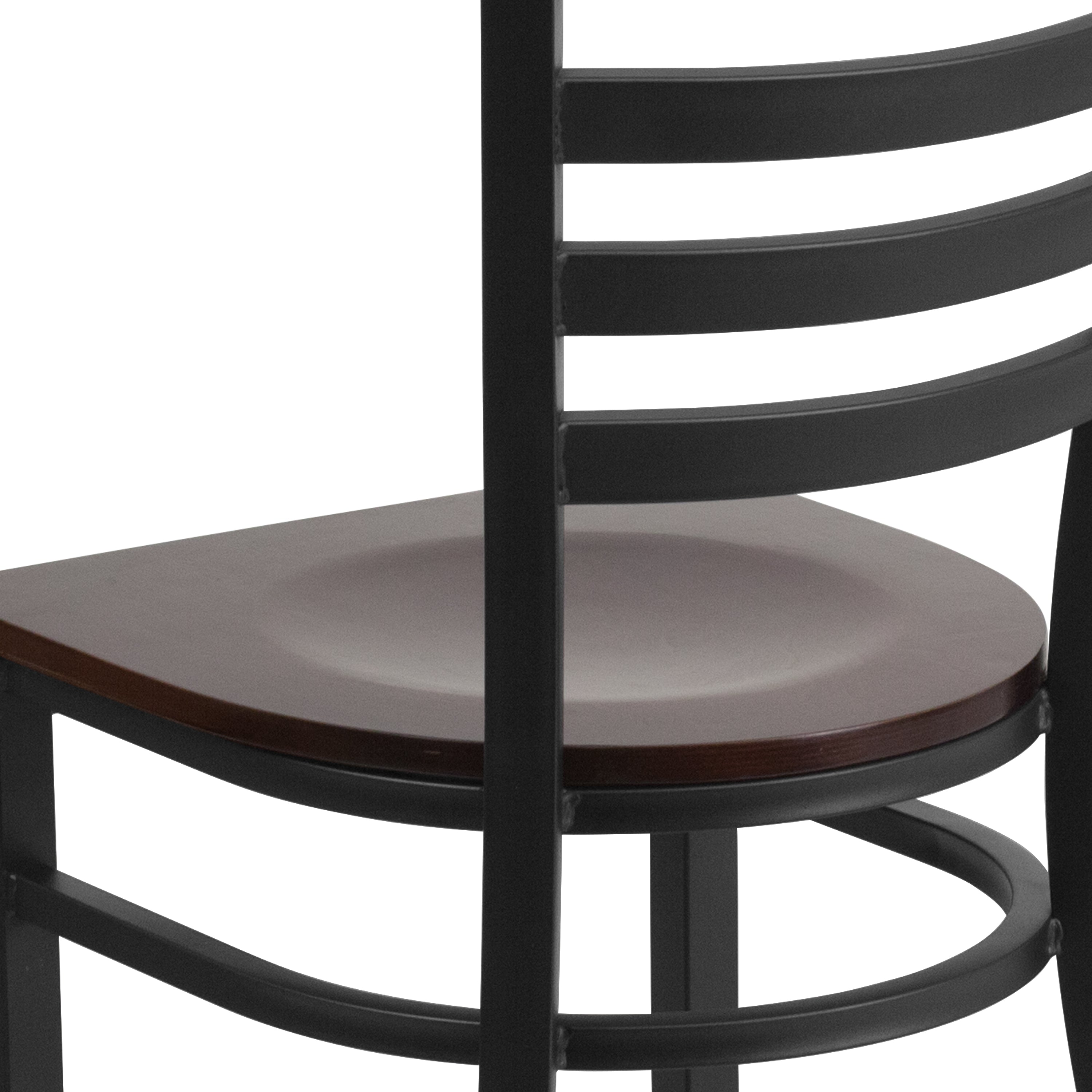 HERCULES Series Black Ladder Back Metal Restaurant Chair - Walnut Wood Seat