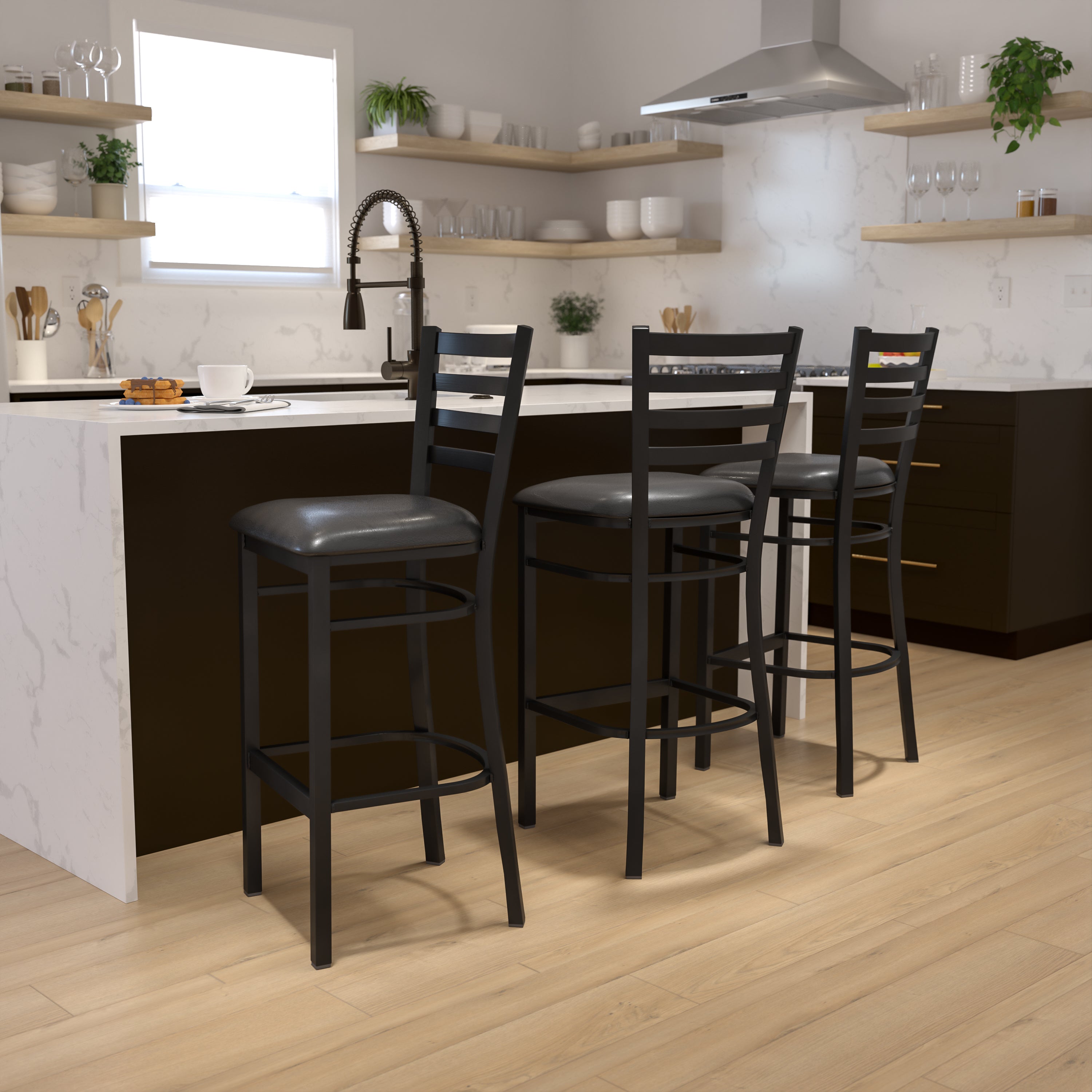 HERCULES Series Black Ladder Back Metal Restaurant Barstool - Black Vinyl Seat