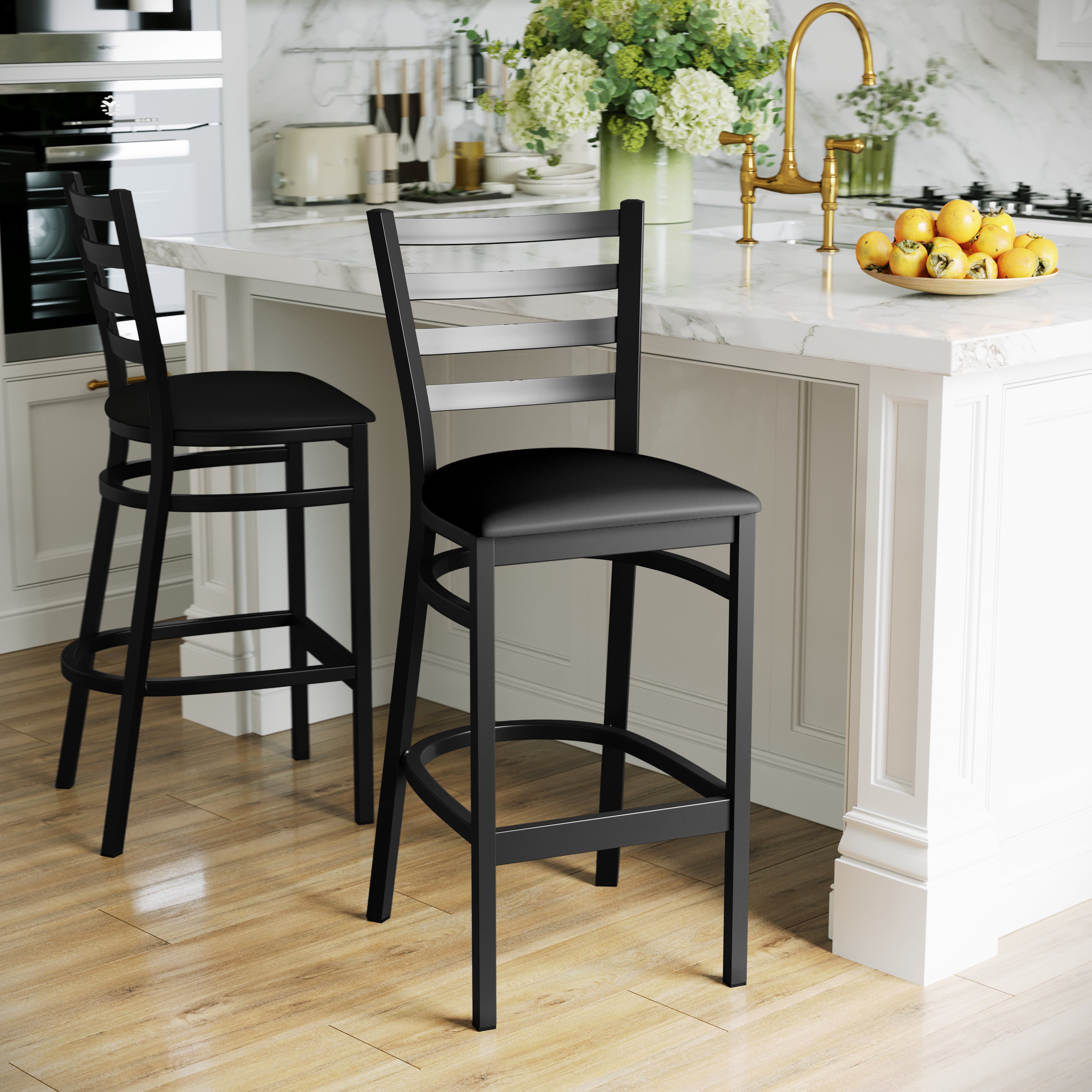 HERCULES Series Black Ladder Back Metal Restaurant Barstool - Black Vinyl Seat