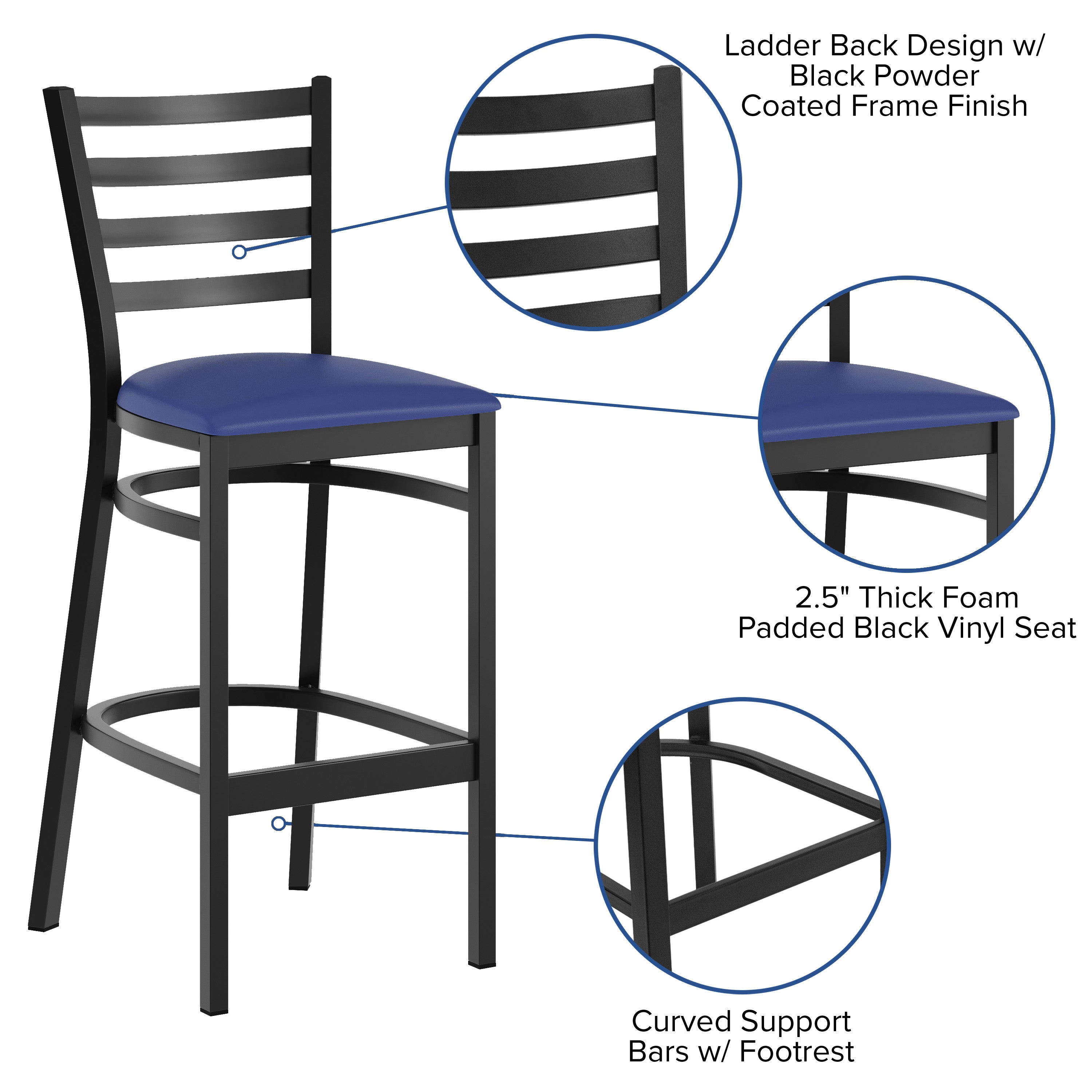 HERCULES Black Ladder Back Metal Restaurant Barstool - Blue Vinyl Seat