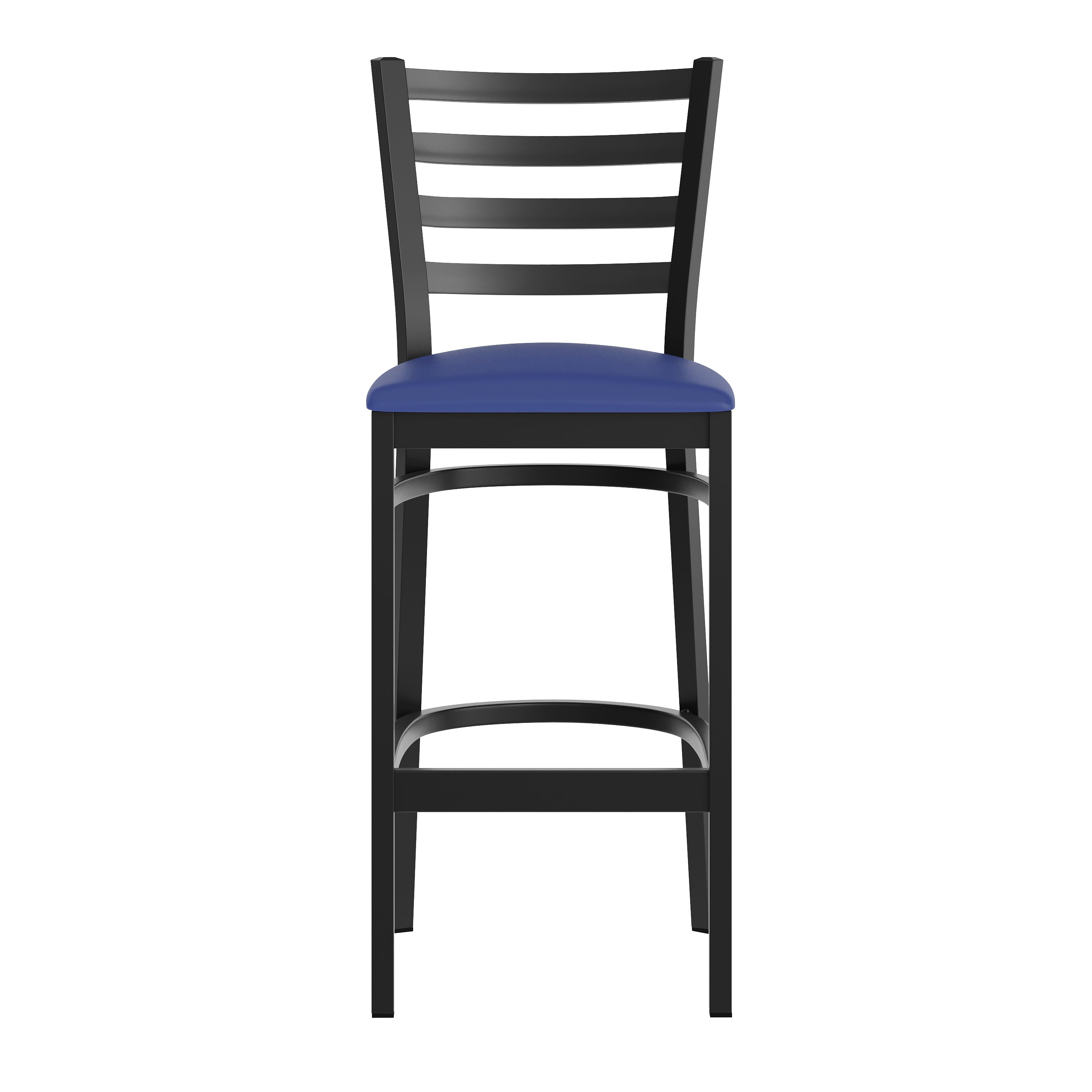 HERCULES Black Ladder Back Metal Restaurant Barstool - Blue Vinyl Seat