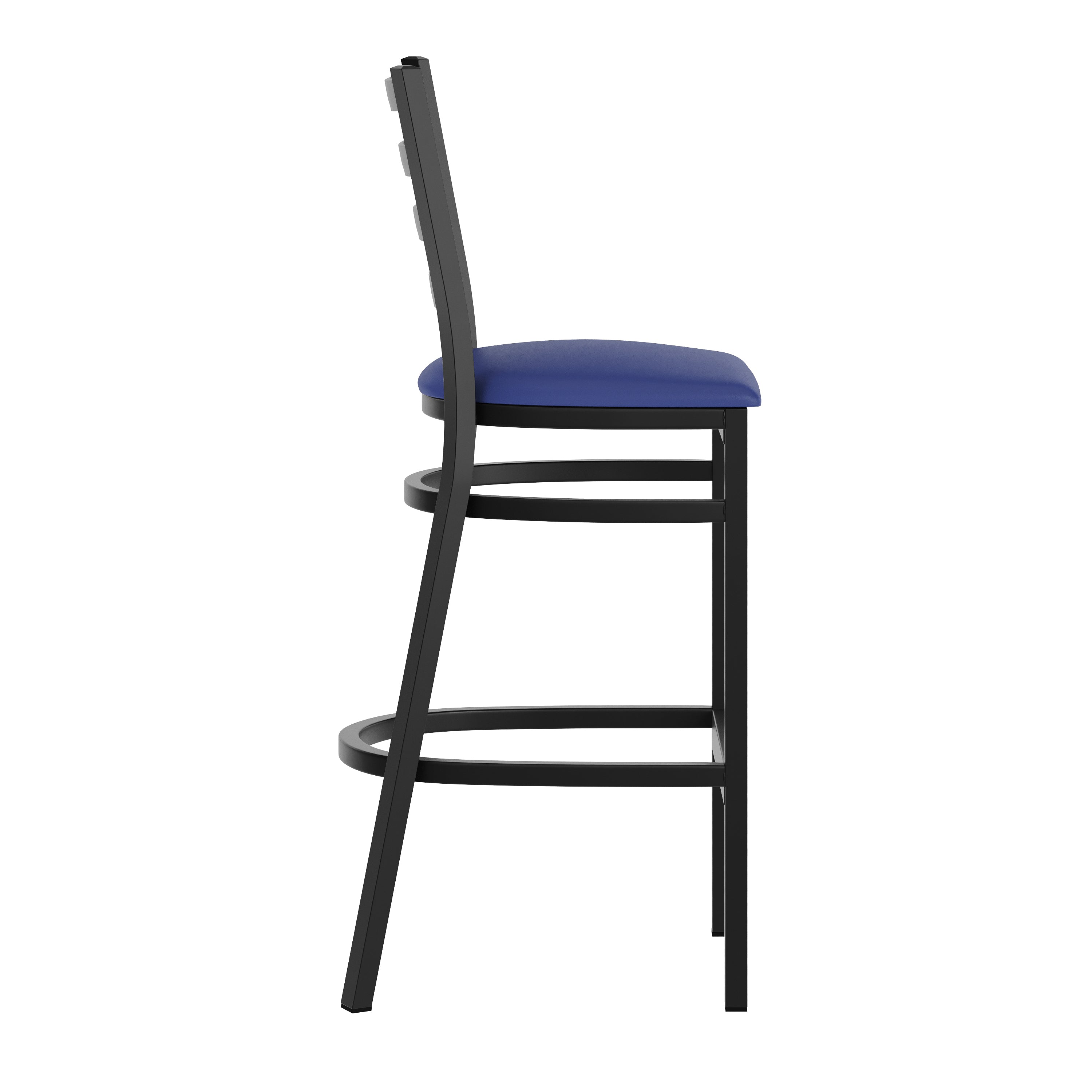 HERCULES Black Ladder Back Metal Restaurant Barstool - Blue Vinyl Seat