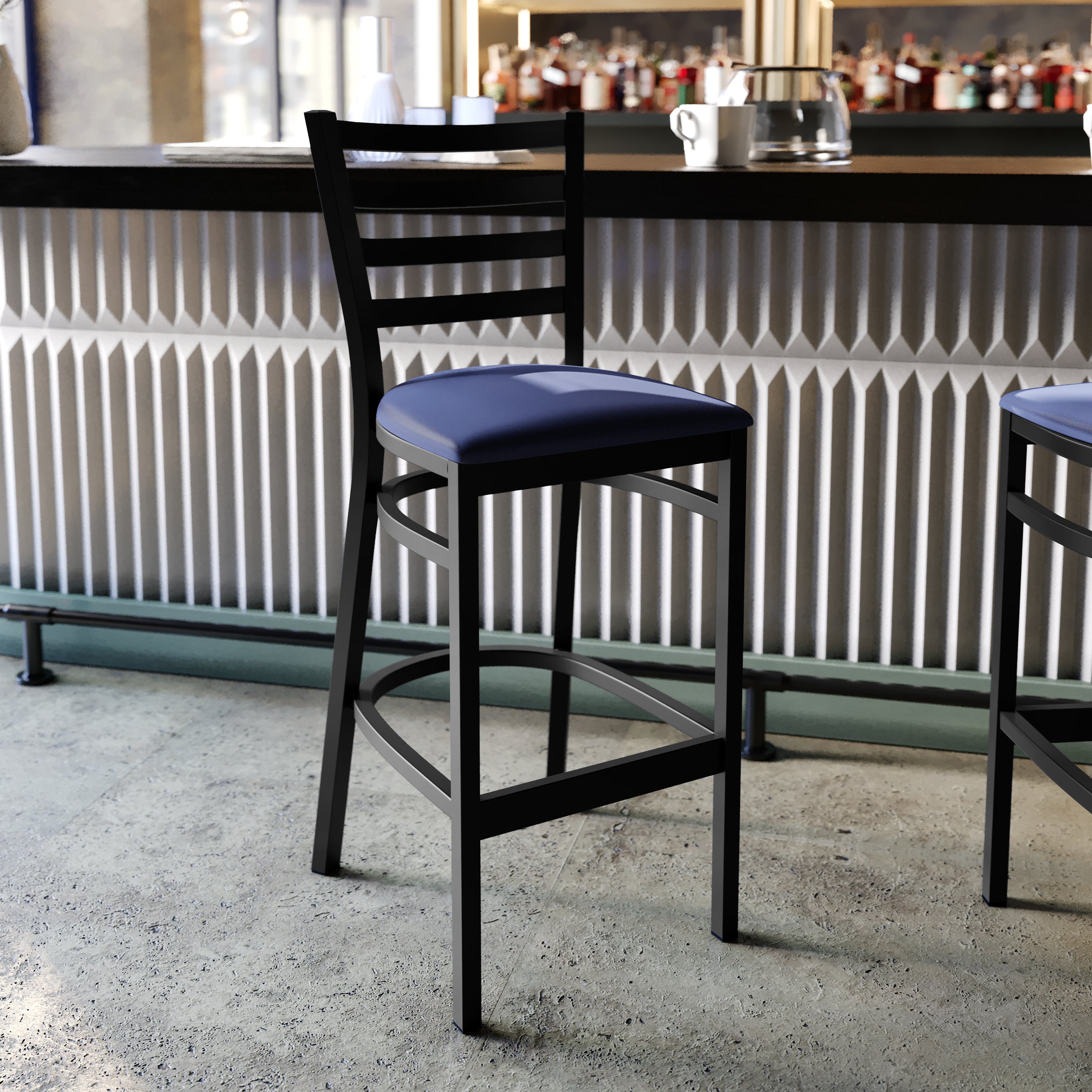 HERCULES Black Ladder Back Metal Restaurant Barstool - Blue Vinyl Seat