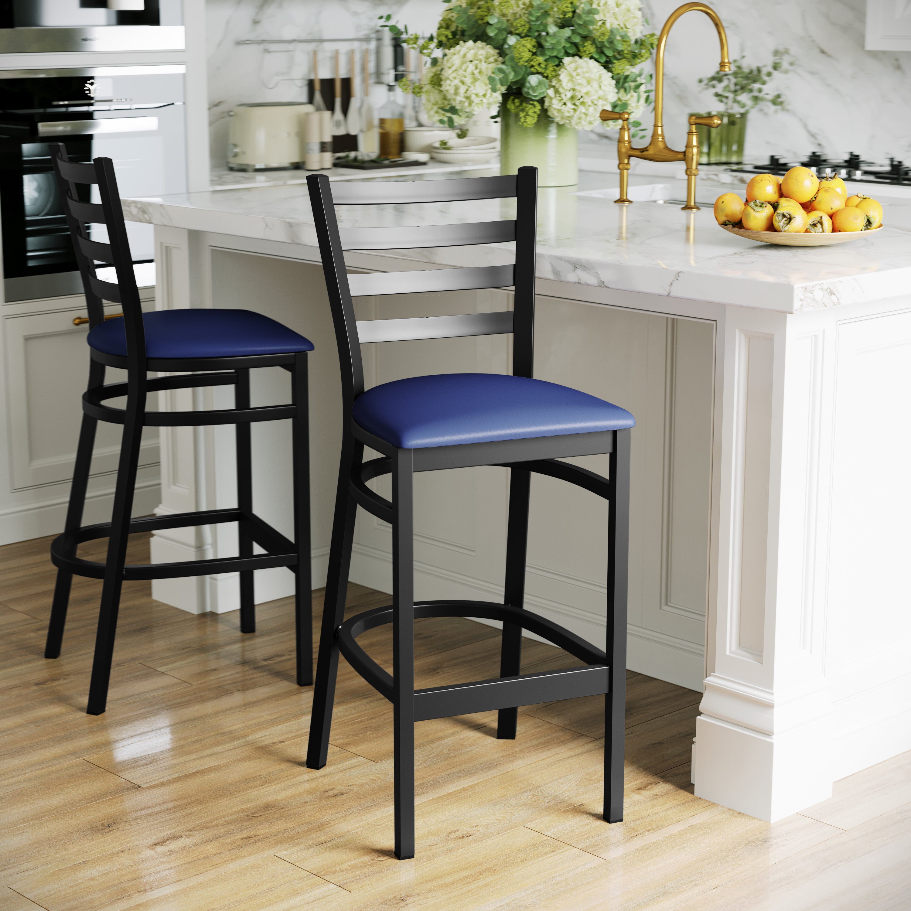HERCULES Black Ladder Back Metal Restaurant Barstool - Blue Vinyl Seat