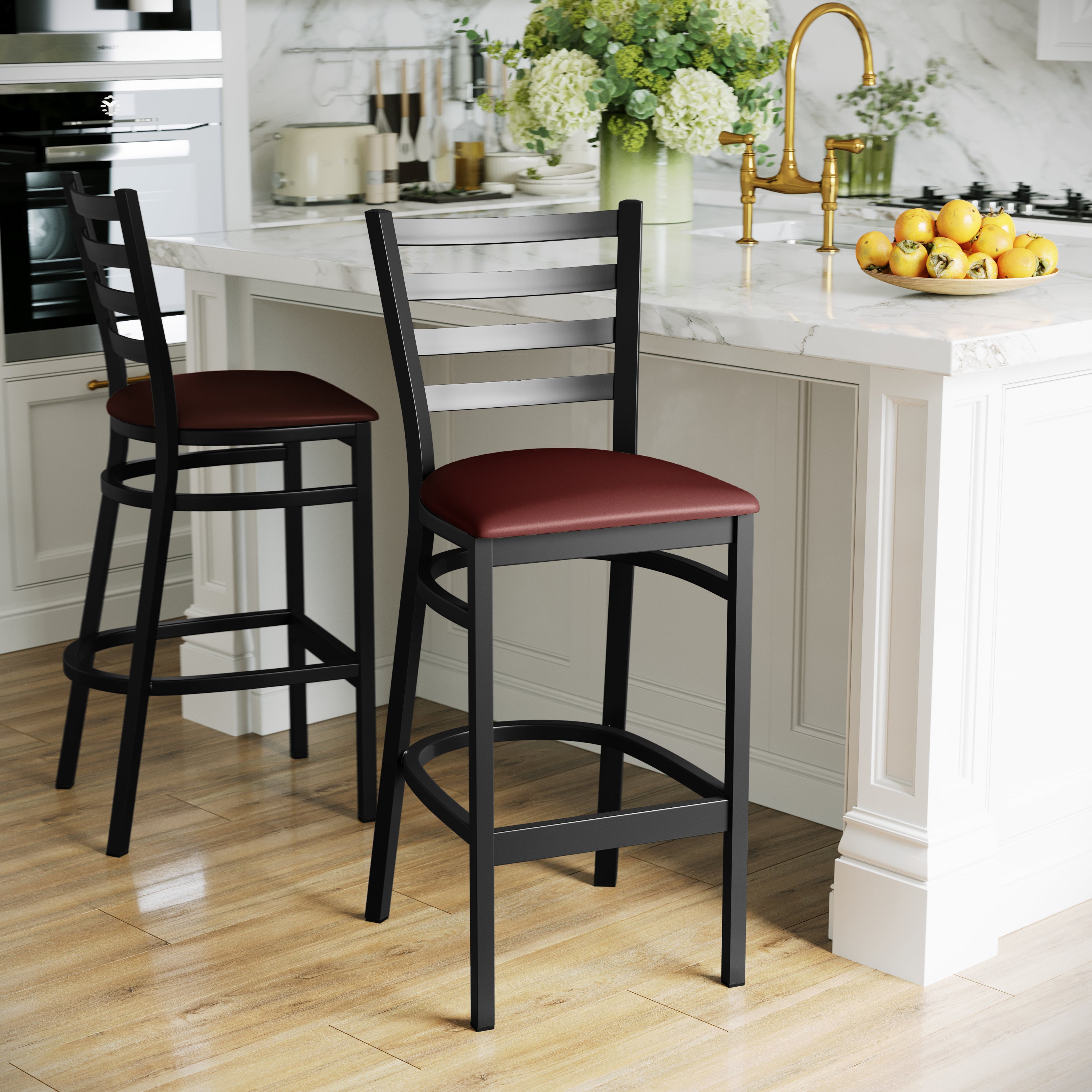HERCULES Series Black Ladder Back Metal Restaurant Barstool - Burgundy Vinyl Seat