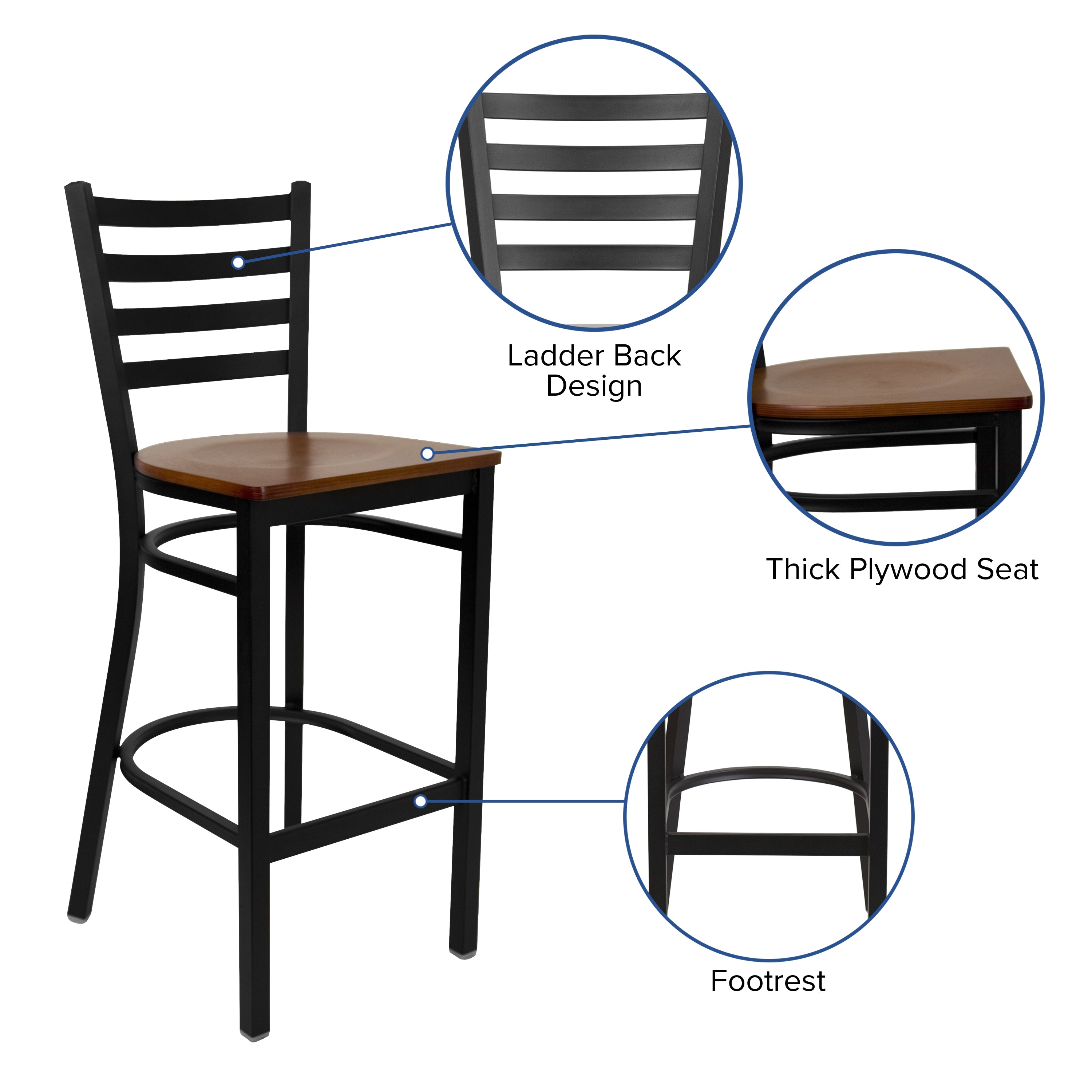 HERCULES Series Black Ladder Back Metal Restaurant Barstool - Cherry Wood Seat