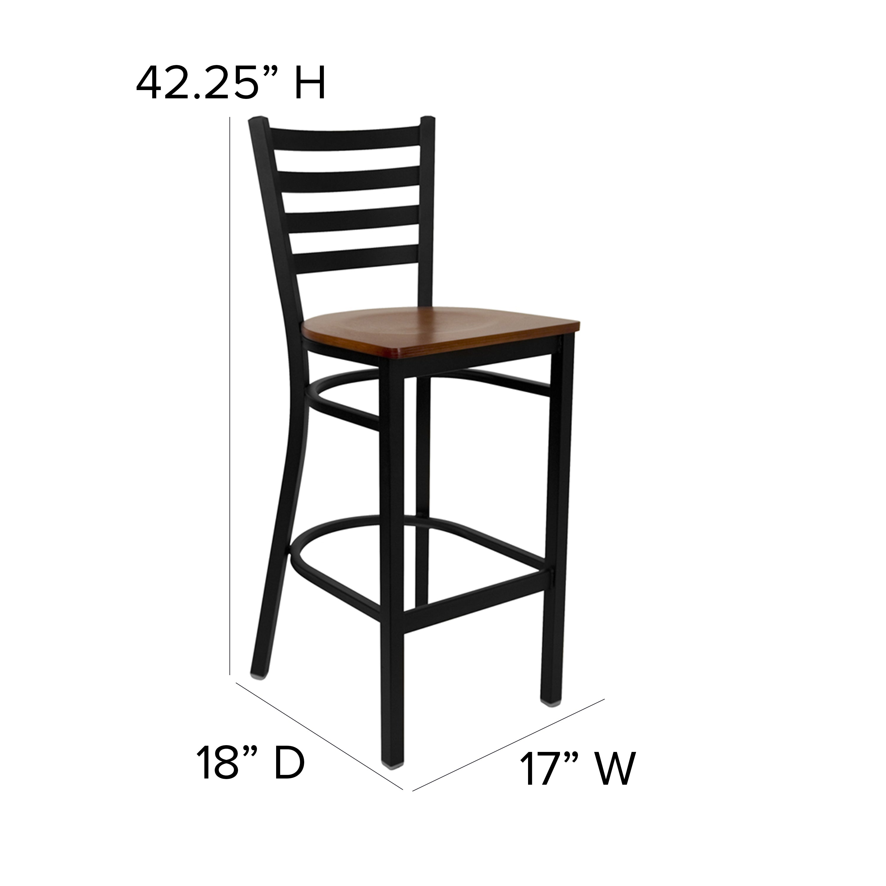 HERCULES Series Black Ladder Back Metal Restaurant Barstool - Cherry Wood Seat
