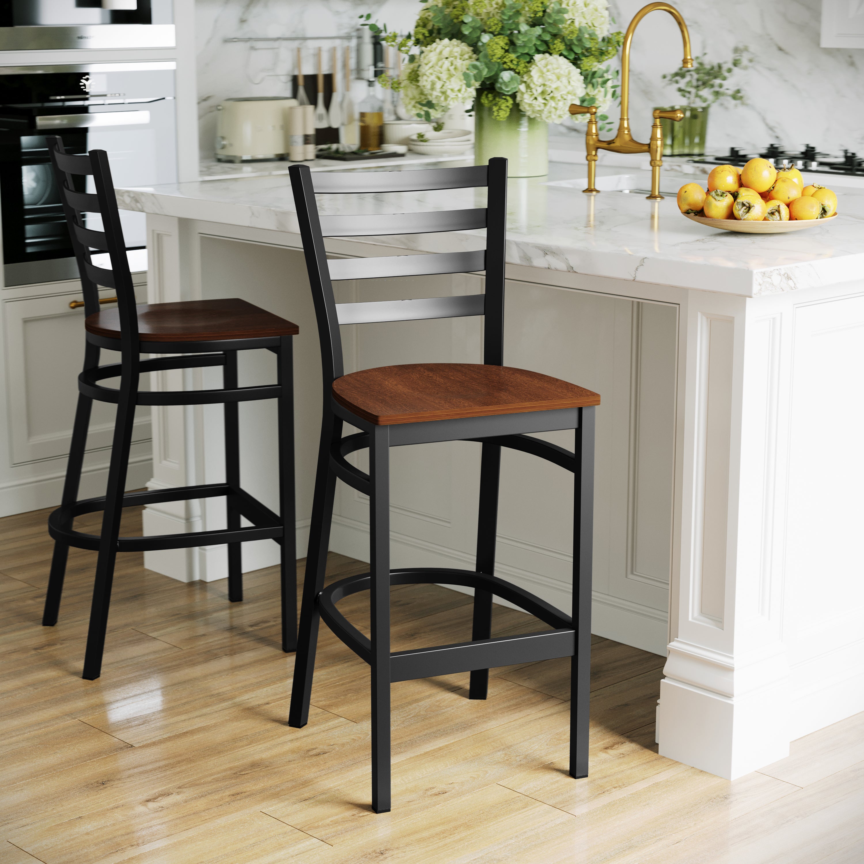 HERCULES Series Black Ladder Back Metal Restaurant Barstool - Cherry Wood Seat