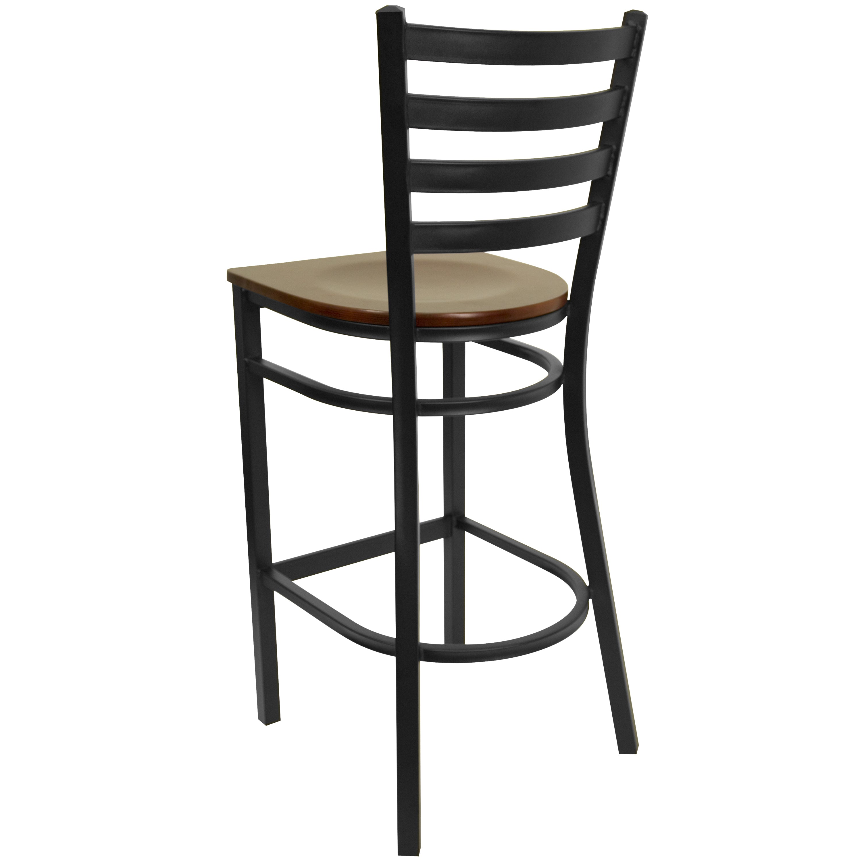 HERCULES Series Black Ladder Back Metal Restaurant Barstool - Mahogany Wood Seat