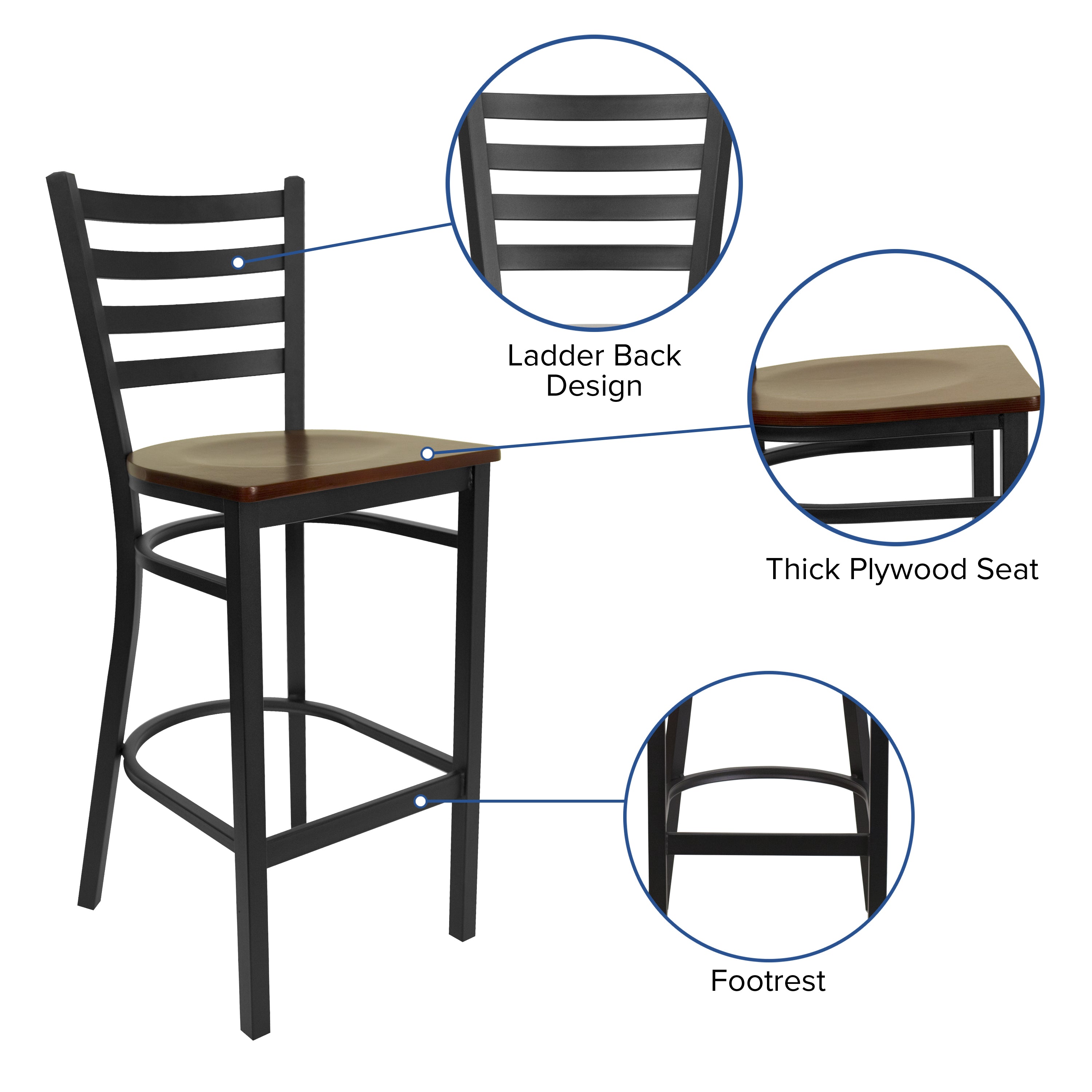 HERCULES Series Black Ladder Back Metal Restaurant Barstool - Mahogany Wood Seat