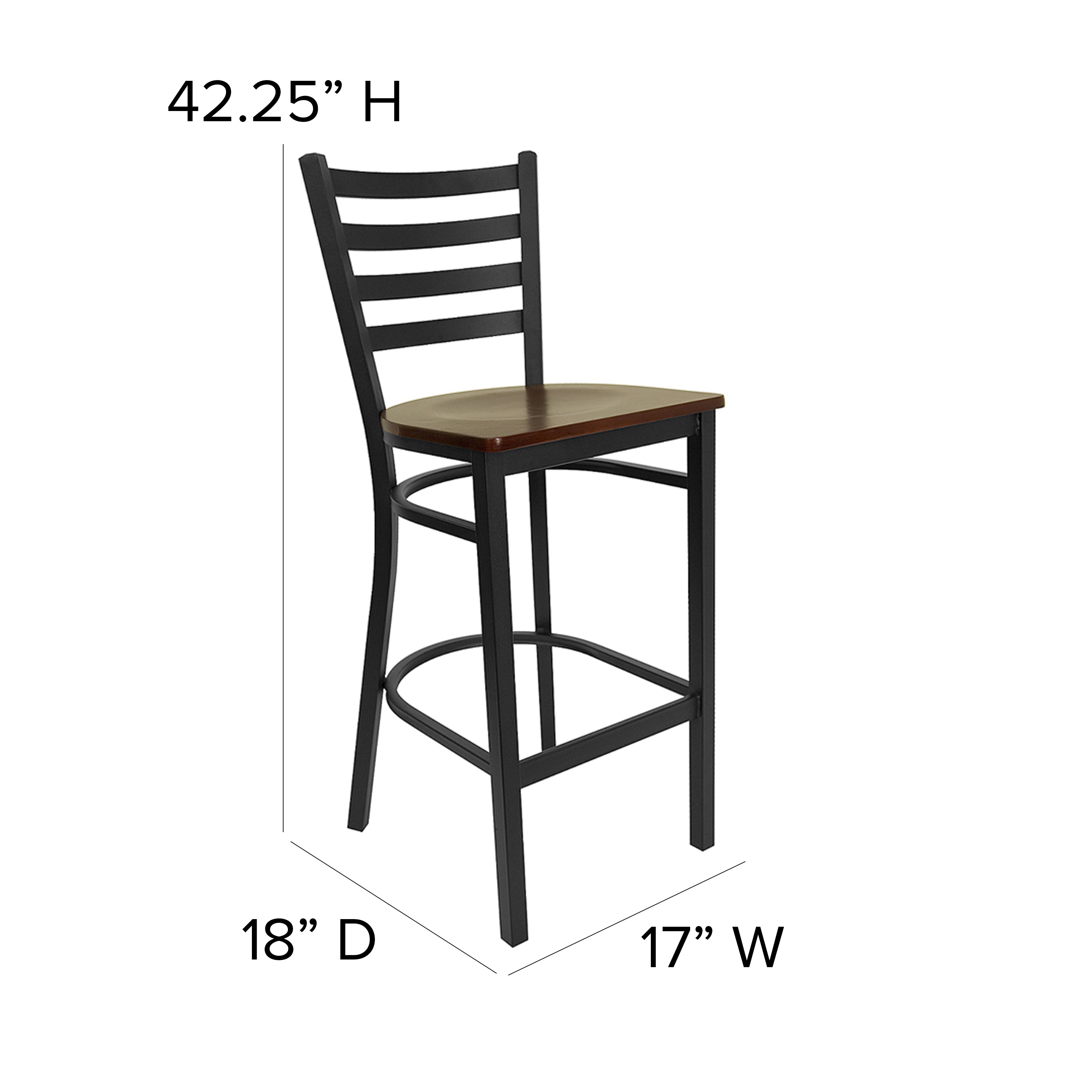 HERCULES Series Black Ladder Back Metal Restaurant Barstool - Mahogany Wood Seat