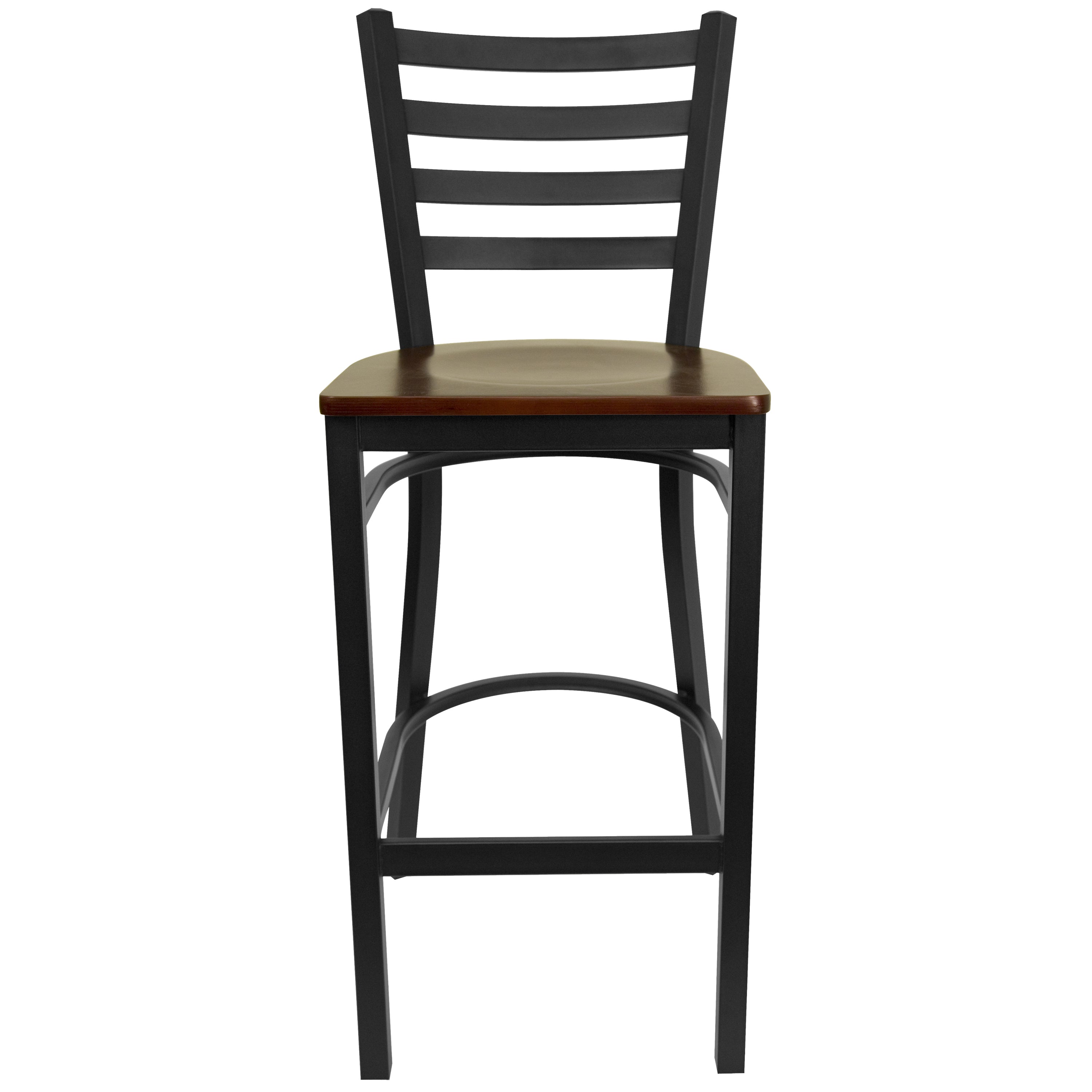 HERCULES Series Black Ladder Back Metal Restaurant Barstool - Mahogany Wood Seat