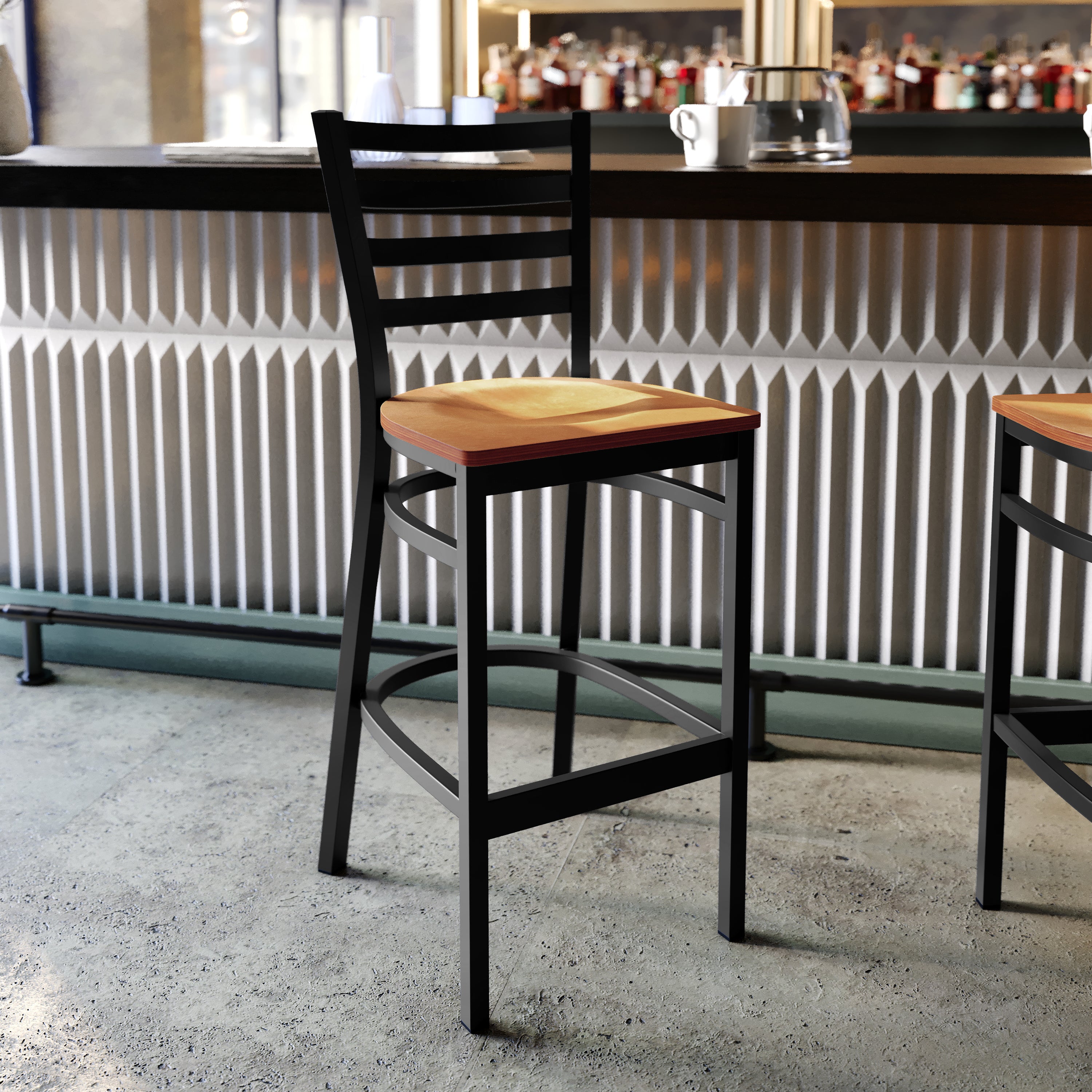 HERCULES Series Black Ladder Back Metal Restaurant Barstool - Natural Wood Seat