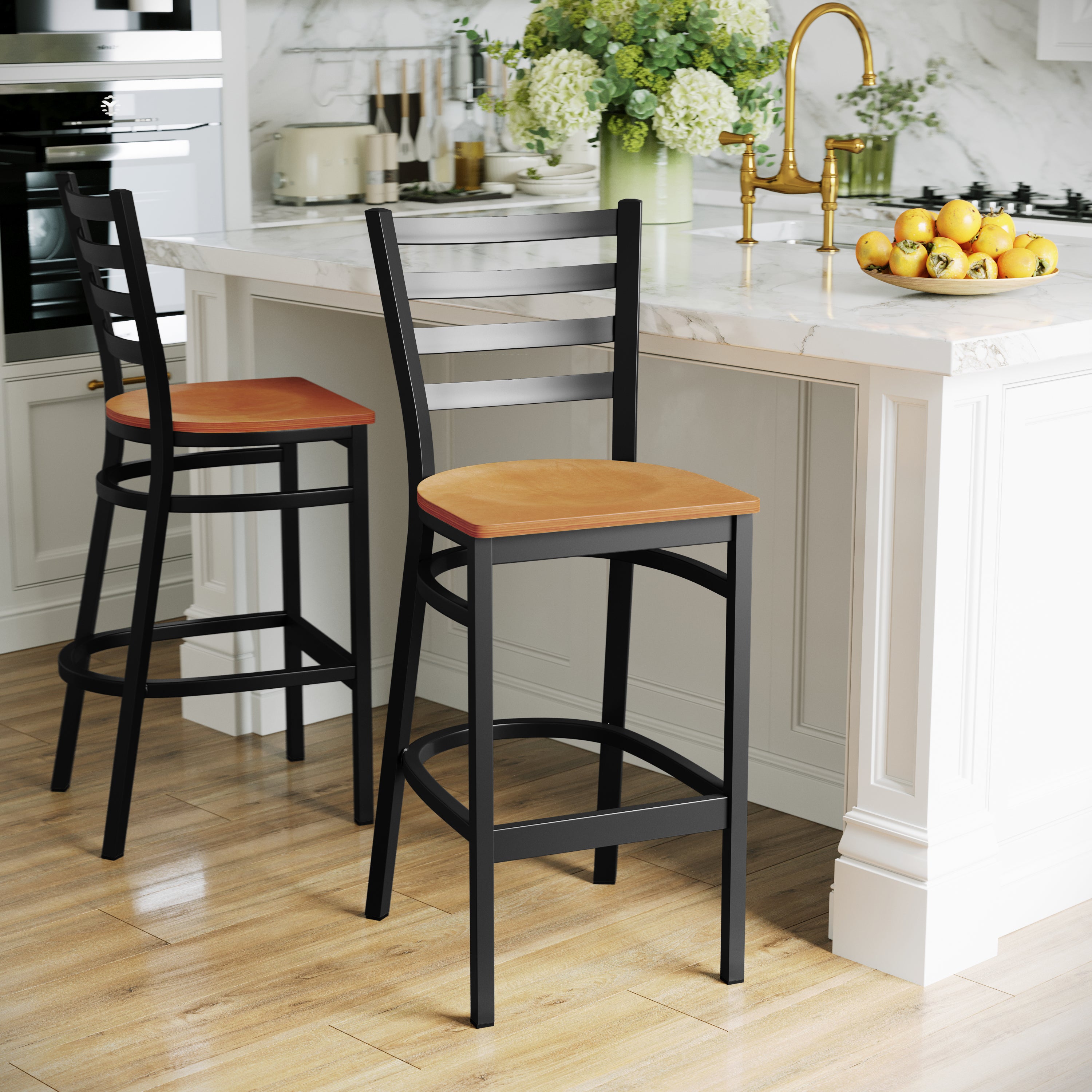 HERCULES Series Black Ladder Back Metal Restaurant Barstool - Natural Wood Seat