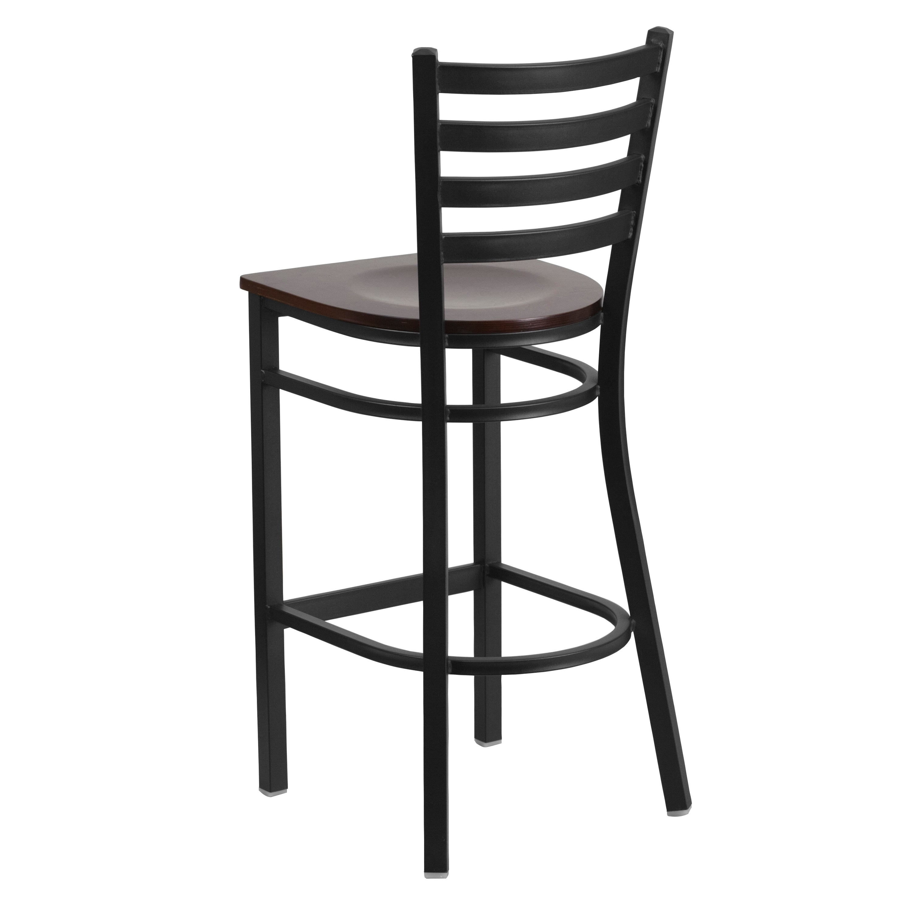HERCULES Series Black Ladder Back Metal Restaurant Barstool - Walnut Wood Seat