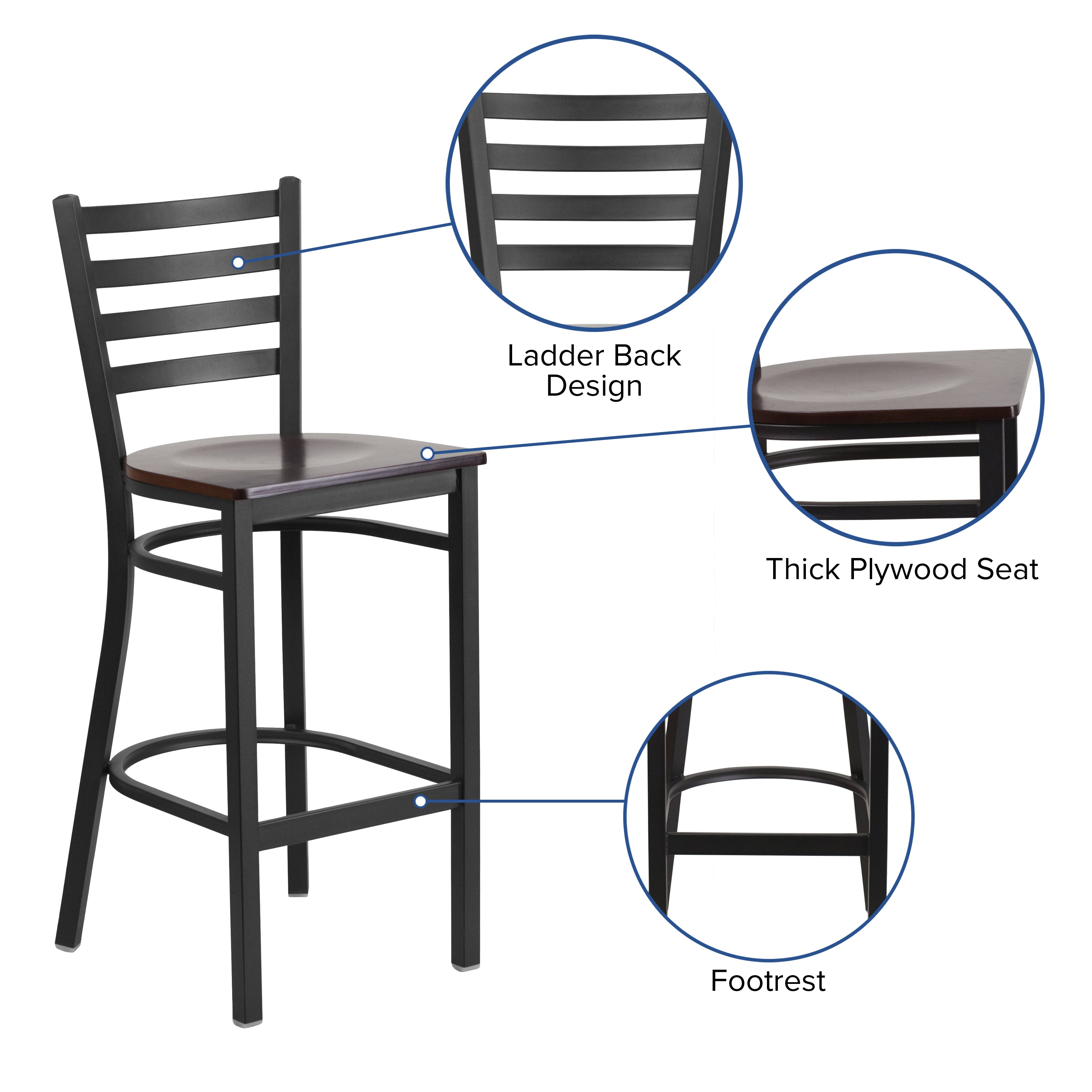 HERCULES Series Black Ladder Back Metal Restaurant Barstool - Walnut Wood Seat