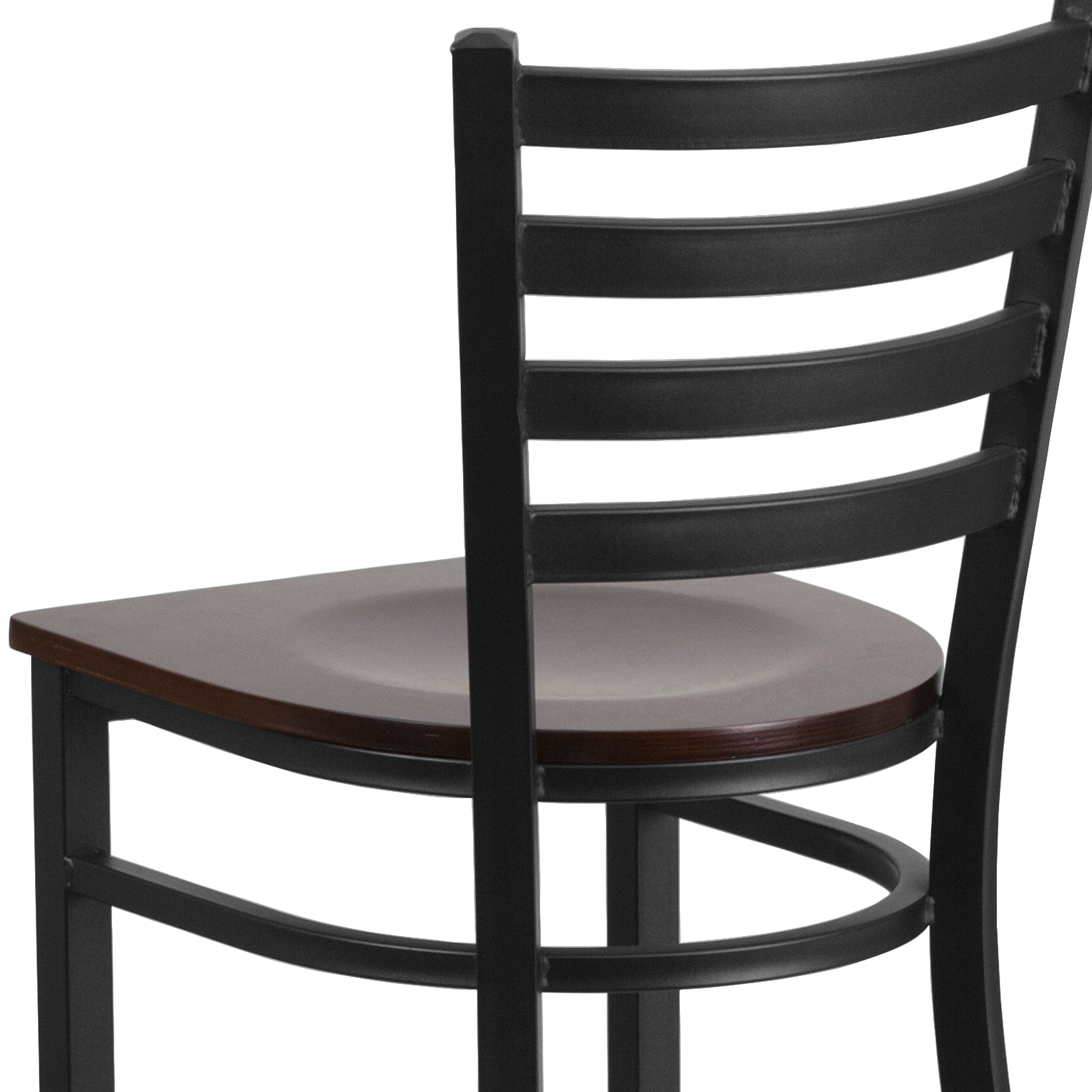 HERCULES Series Black Ladder Back Metal Restaurant Barstool - Walnut Wood Seat
