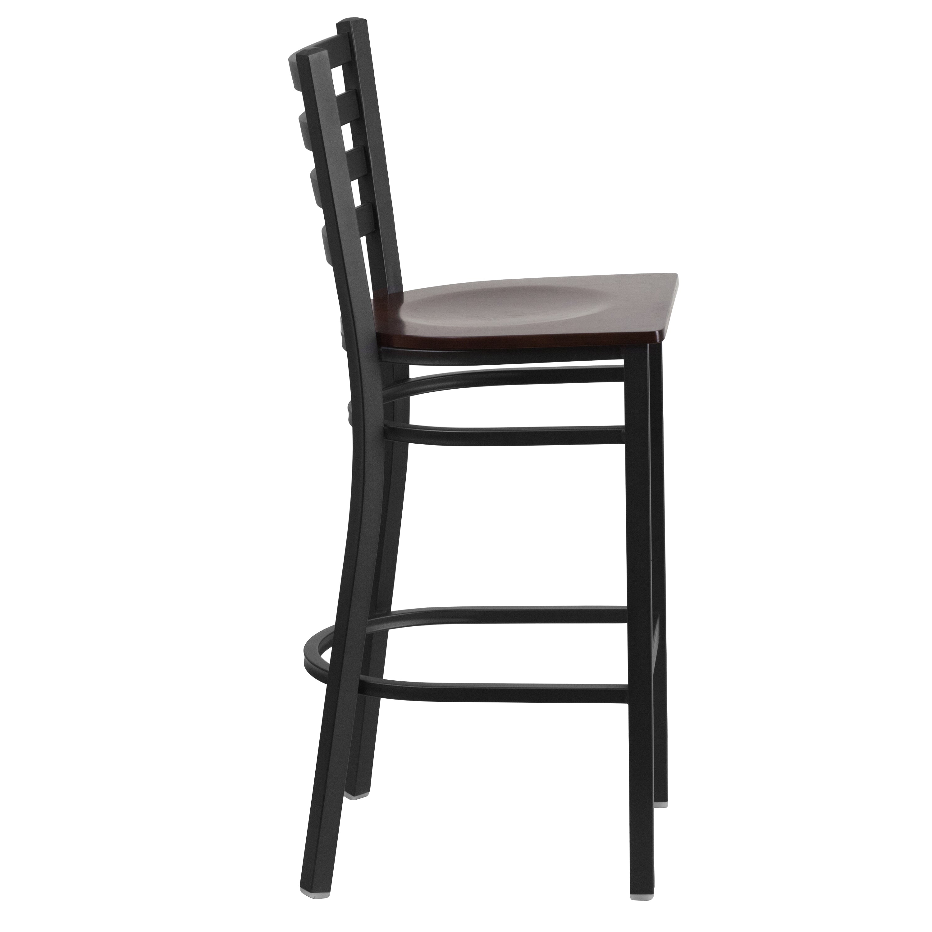 HERCULES Series Black Ladder Back Metal Restaurant Barstool - Walnut Wood Seat