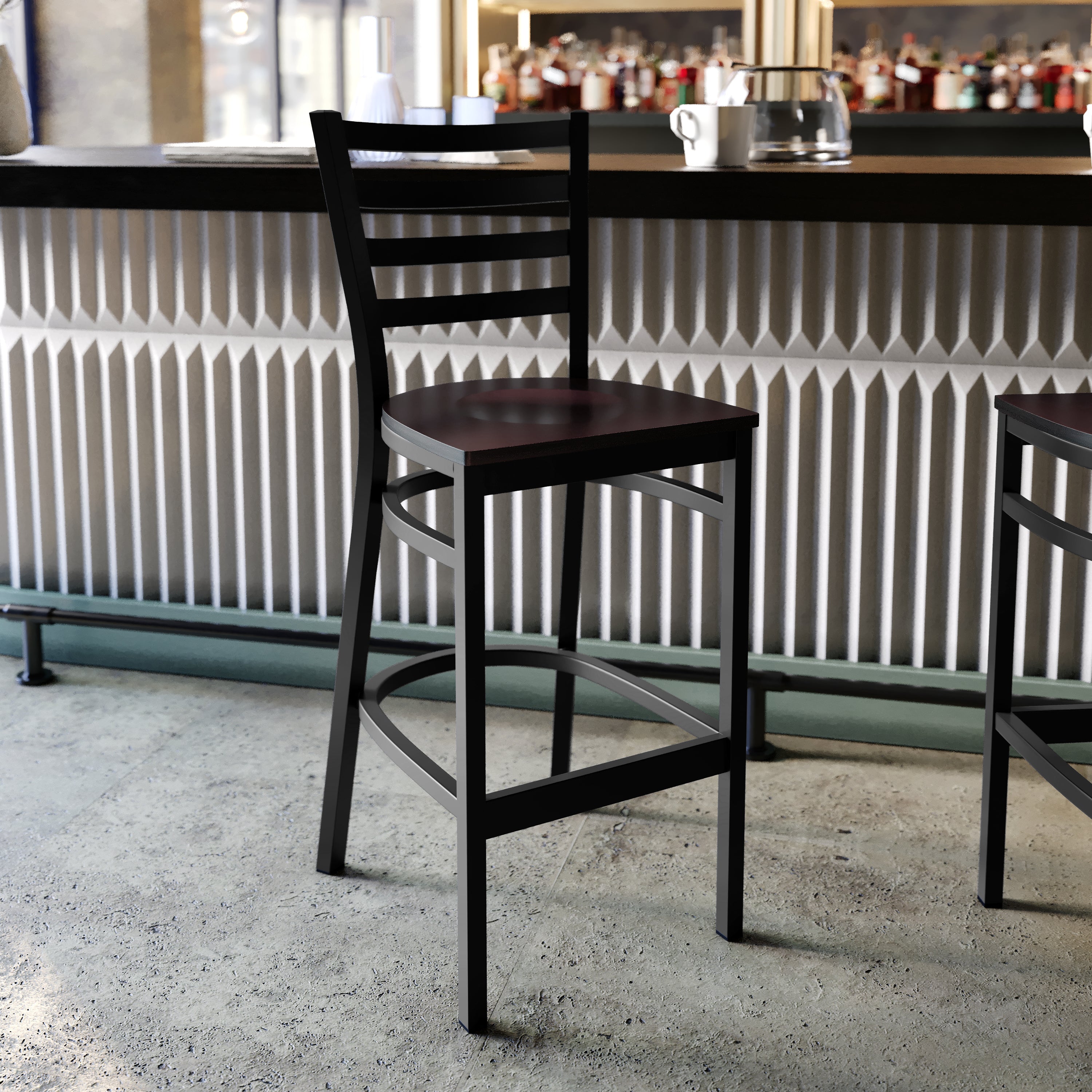 HERCULES Series Black Ladder Back Metal Restaurant Barstool - Walnut Wood Seat