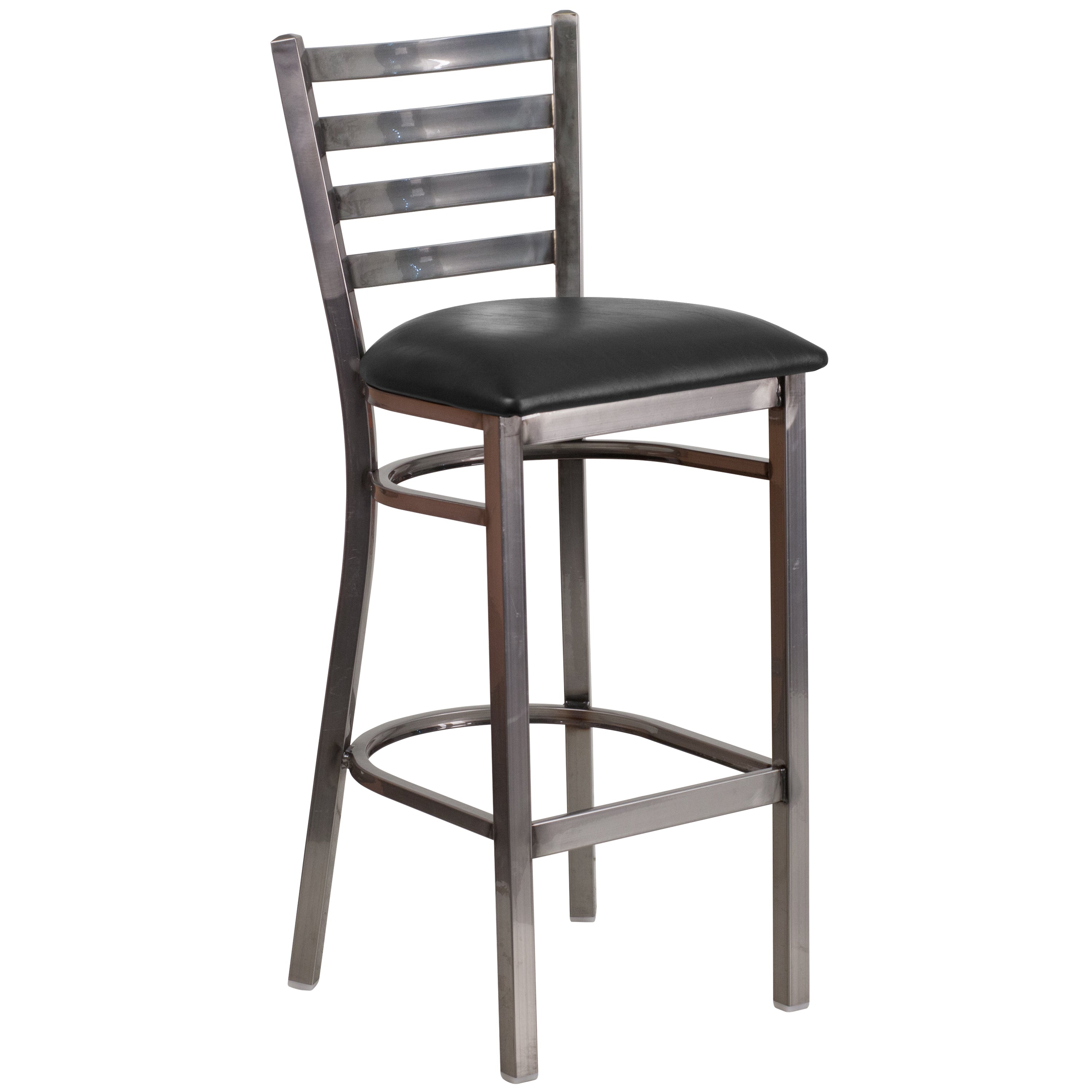 HERCULES Series Silver Antique Finish with Clear Coat Ladder Back Metal Restaurant Barstool - Black Vinyl Seat