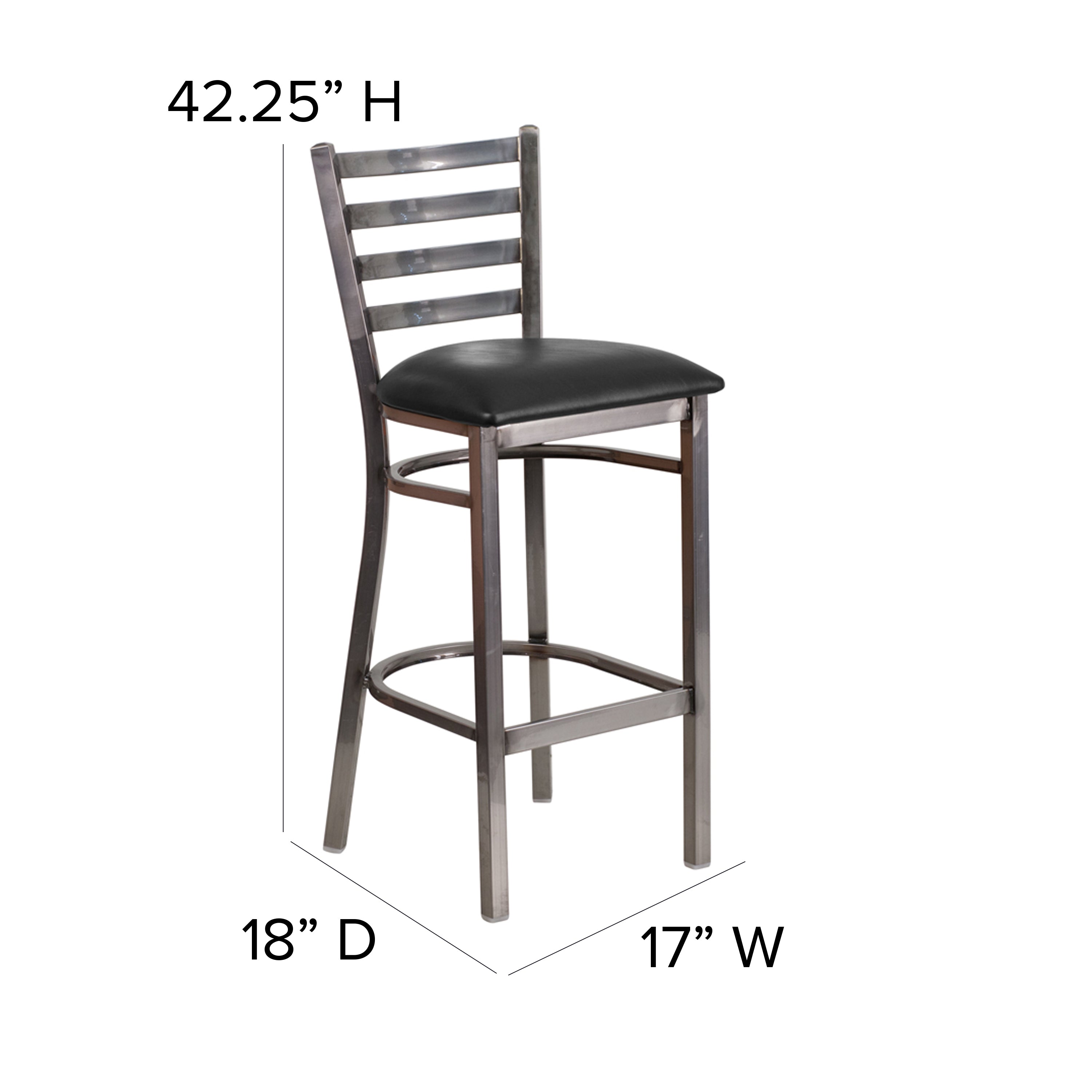 HERCULES Series Silver Antique Finish with Clear Coat Ladder Back Metal Restaurant Barstool - Black Vinyl Seat
