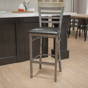 HERCULES Series Silver Antique Finish with Clear Coat Ladder Back Metal Restaurant Barstool - Black Vinyl Seat