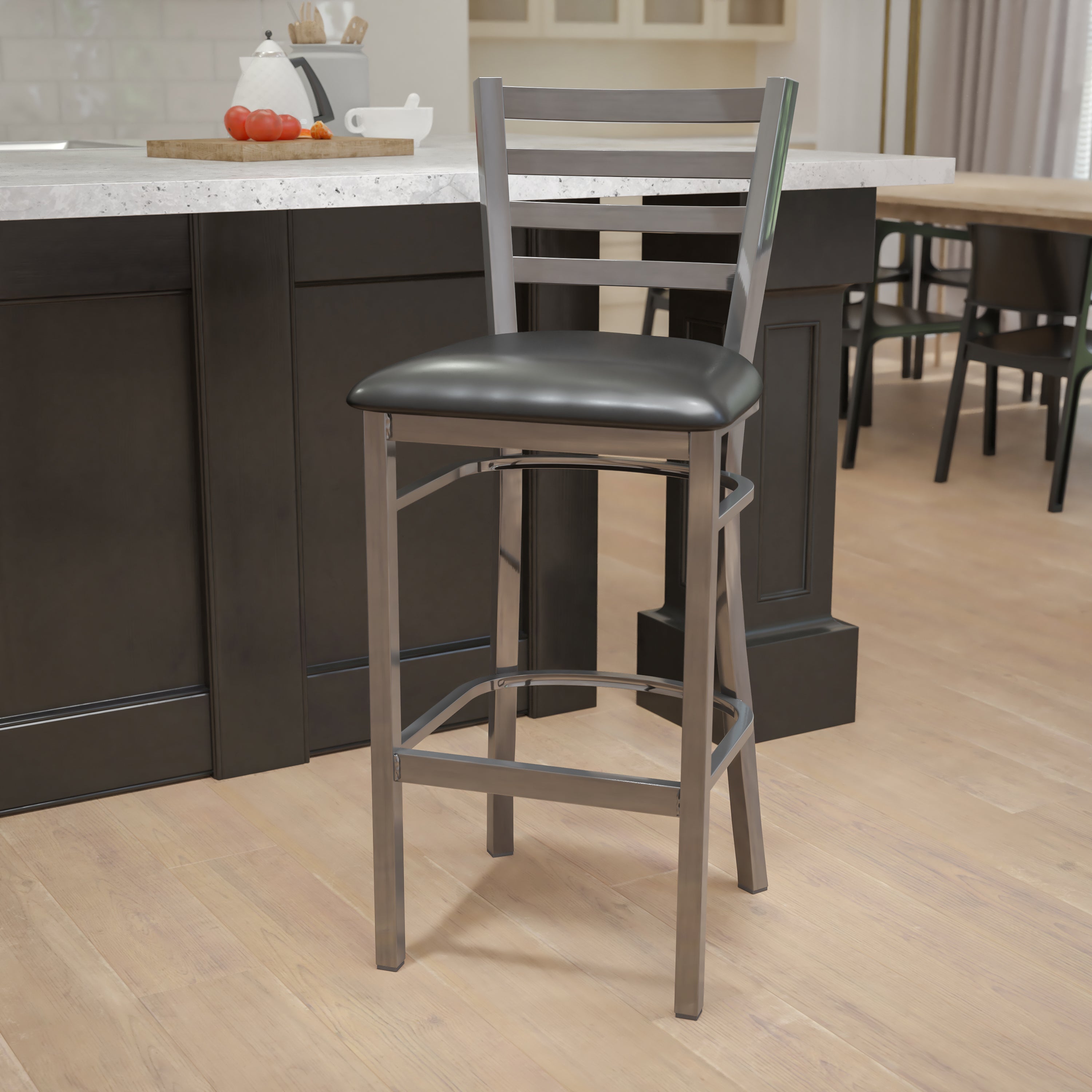 HERCULES Series Silver Antique Finish with Clear Coat Ladder Back Metal Restaurant Barstool - Black Vinyl Seat