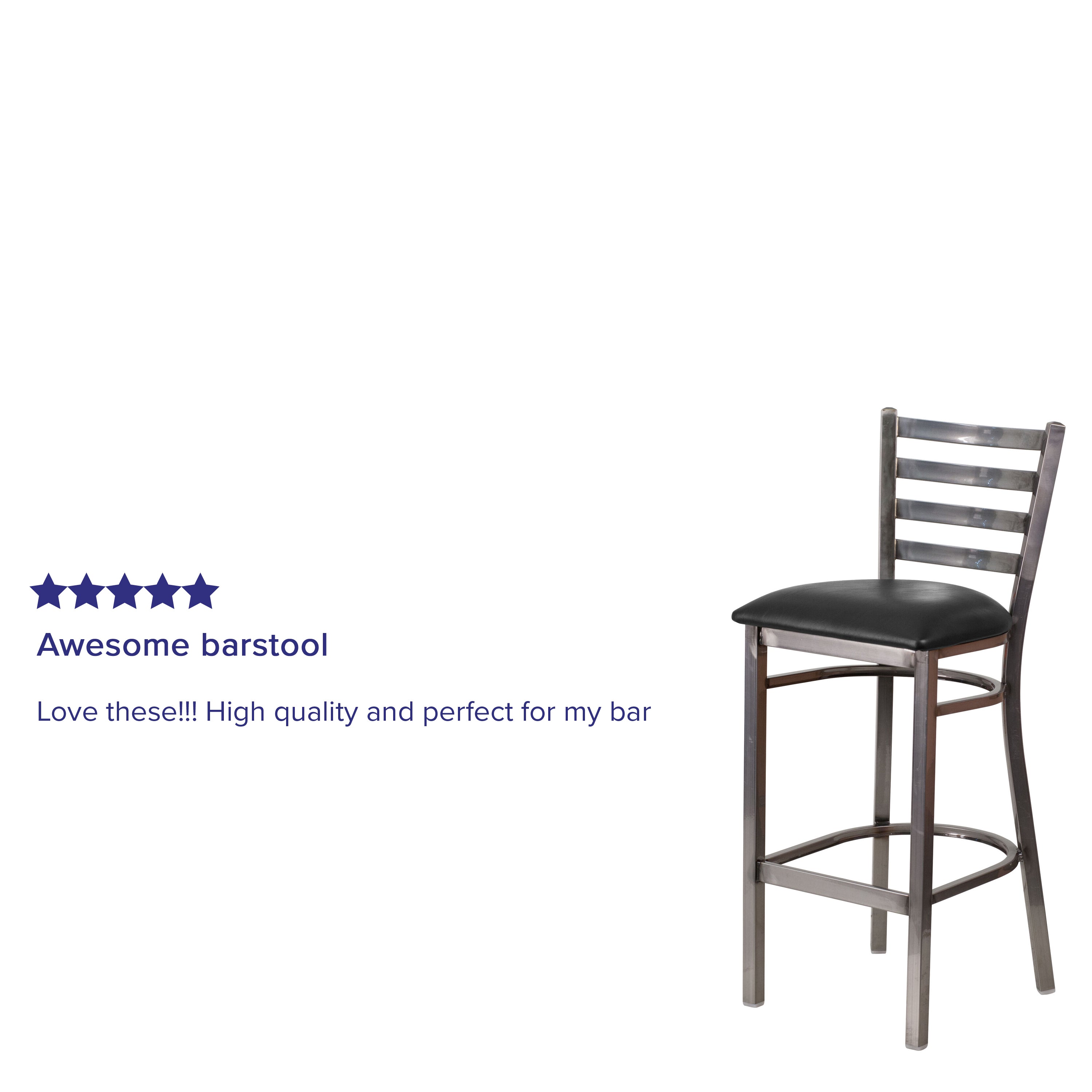 HERCULES Series Silver Antique Finish with Clear Coat Ladder Back Metal Restaurant Barstool - Black Vinyl Seat