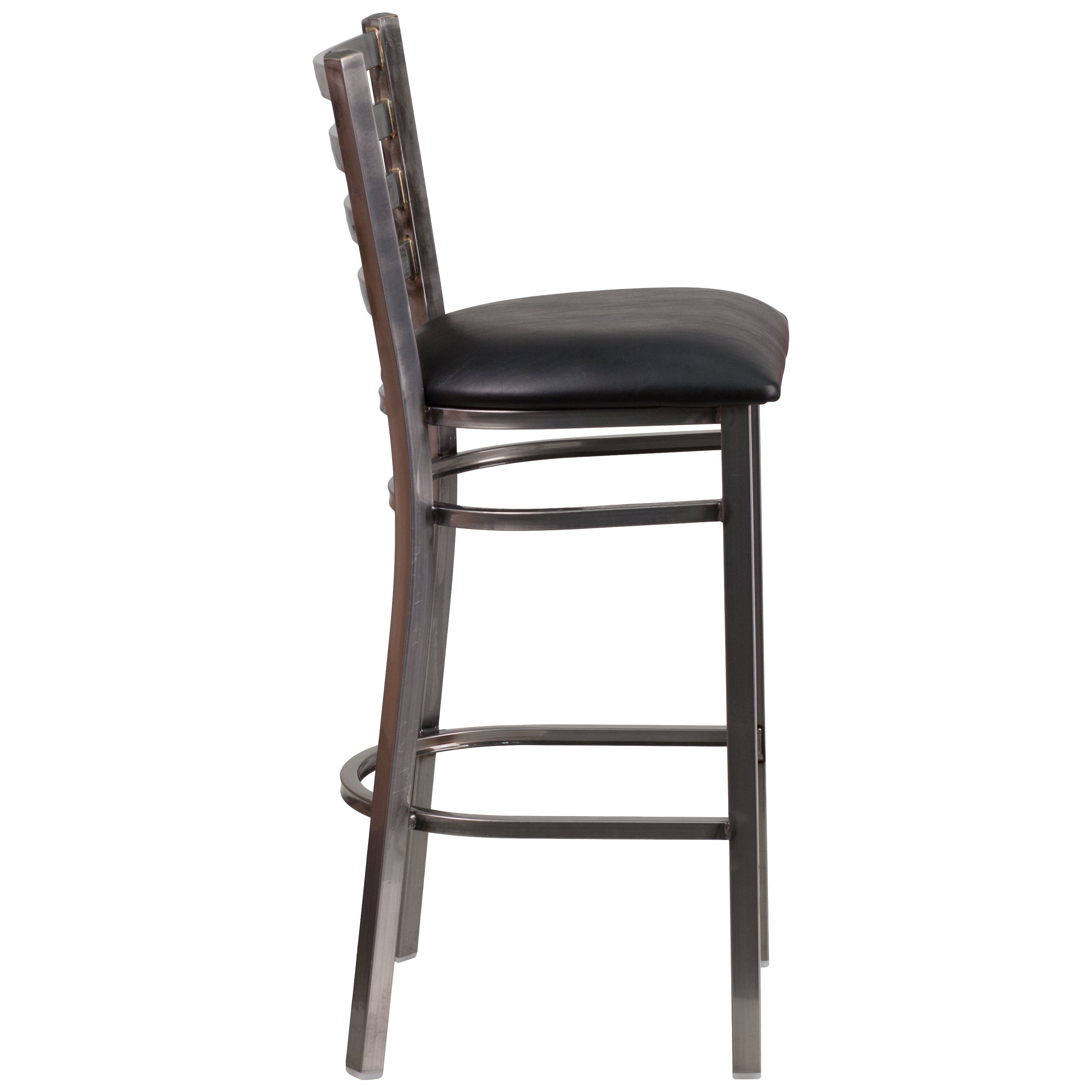 HERCULES Series Silver Antique Finish with Clear Coat Ladder Back Metal Restaurant Barstool - Black Vinyl Seat