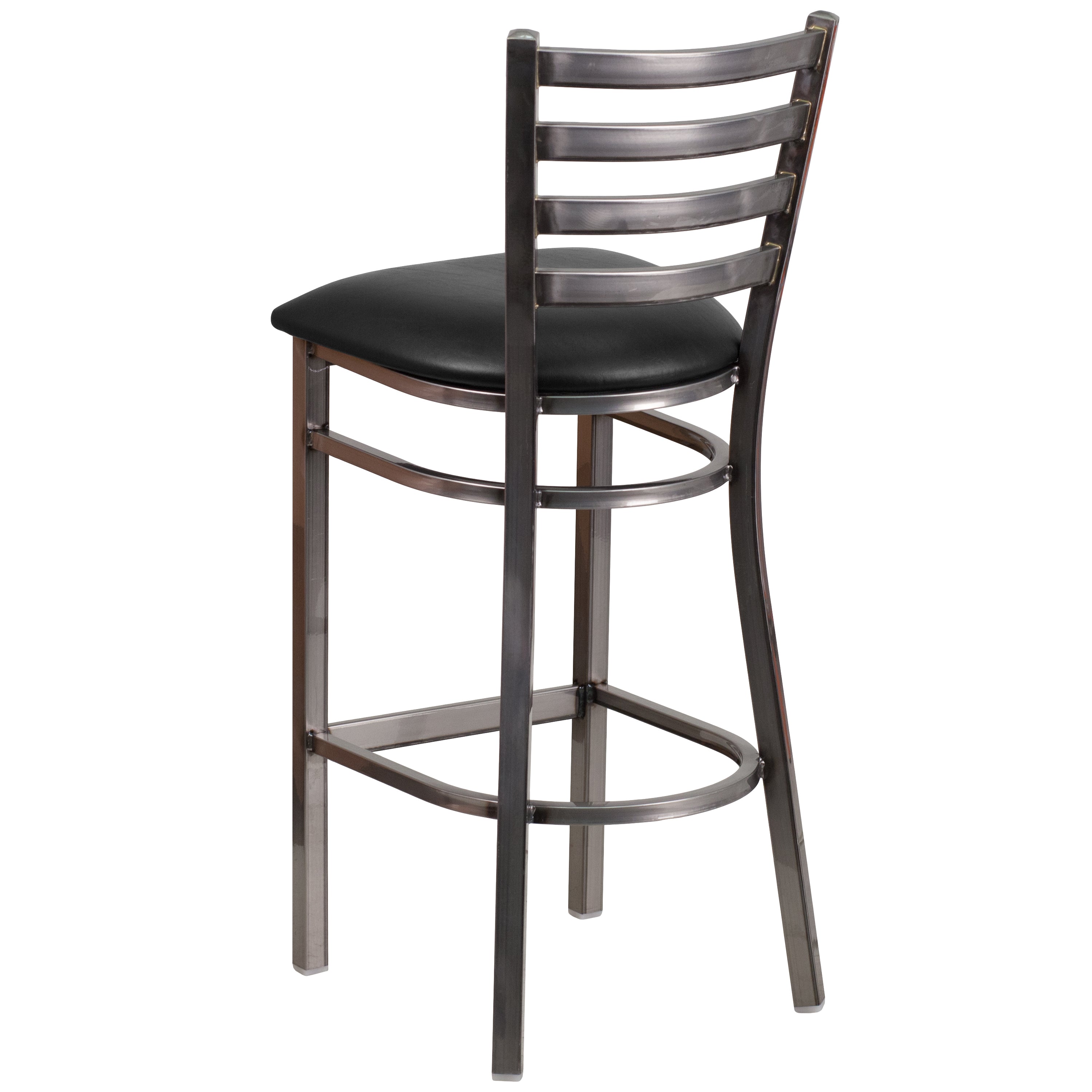 HERCULES Series Silver Antique Finish with Clear Coat Ladder Back Metal Restaurant Barstool - Black Vinyl Seat