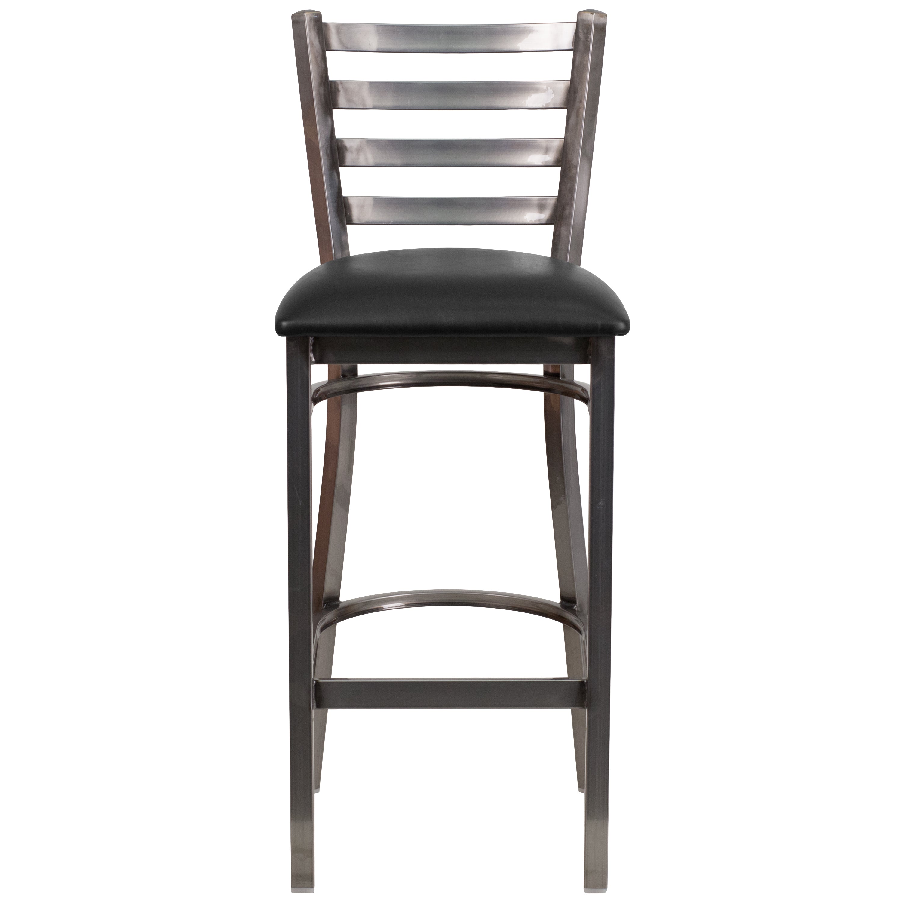 HERCULES Series Silver Antique Finish with Clear Coat Ladder Back Metal Restaurant Barstool - Black Vinyl Seat