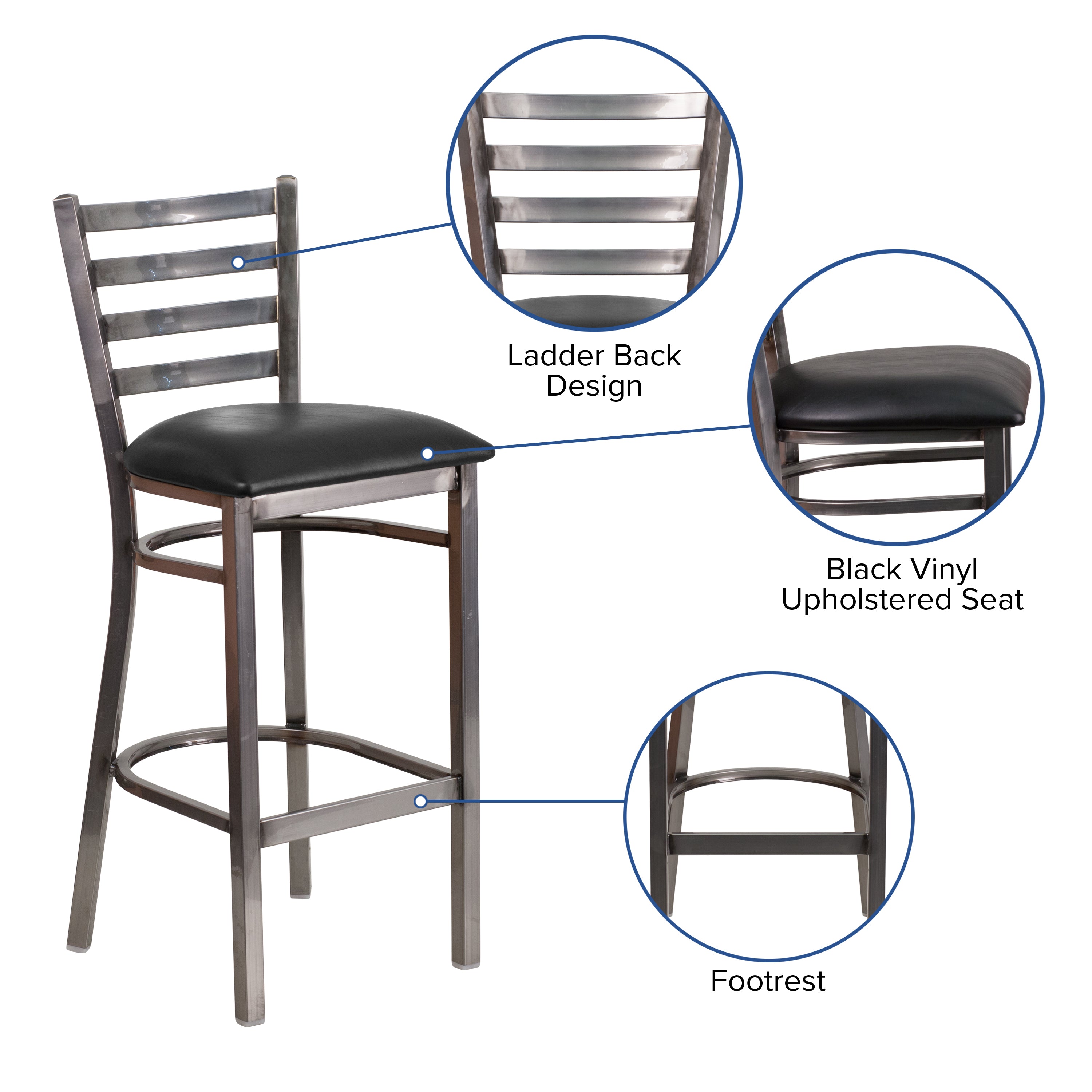 HERCULES Series Silver Antique Finish with Clear Coat Ladder Back Metal Restaurant Barstool - Black Vinyl Seat