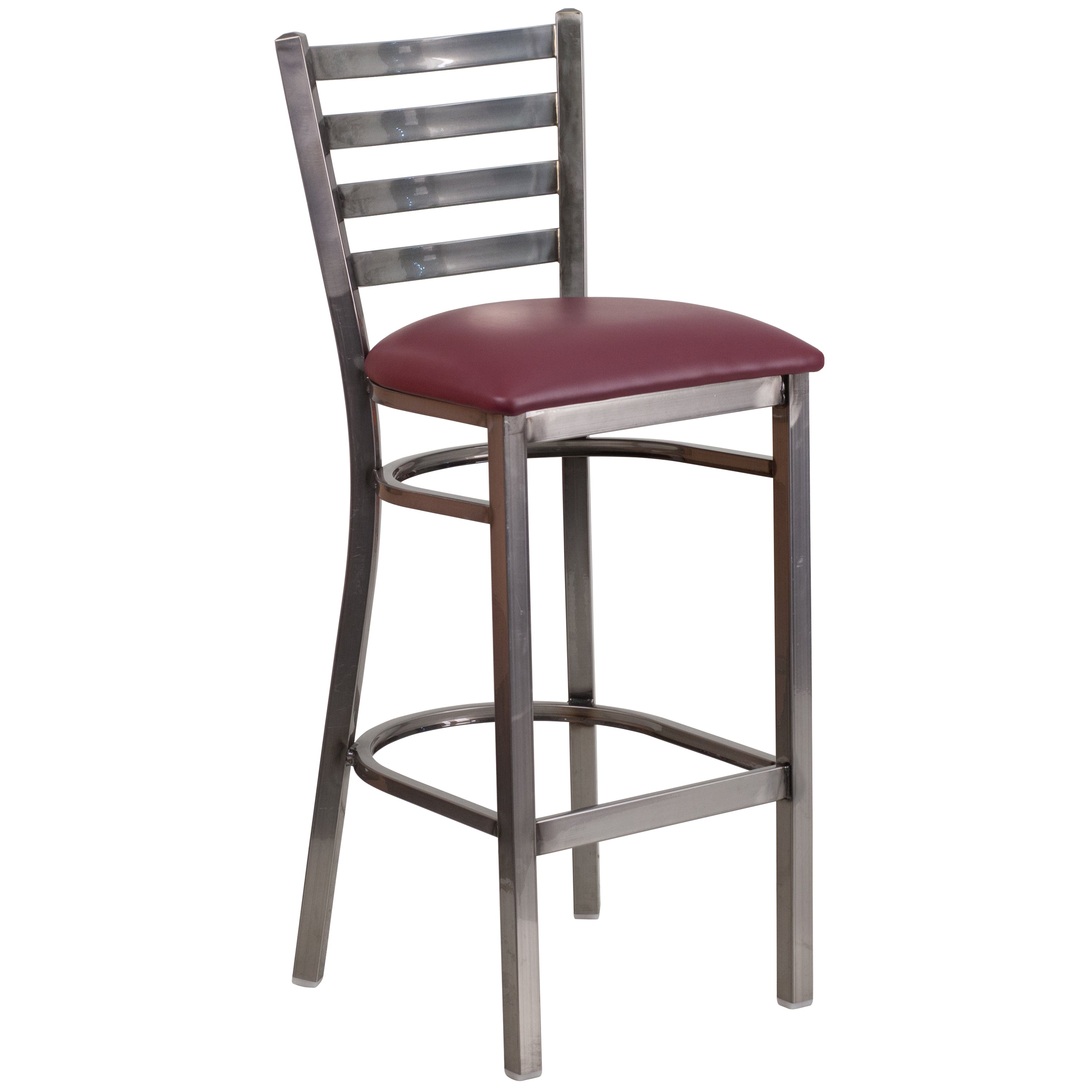 HERCULES Series Silver Antique Finish with Clear Coat Ladder Back Metal Restaurant Barstool - Burgundy Vinyl Seat