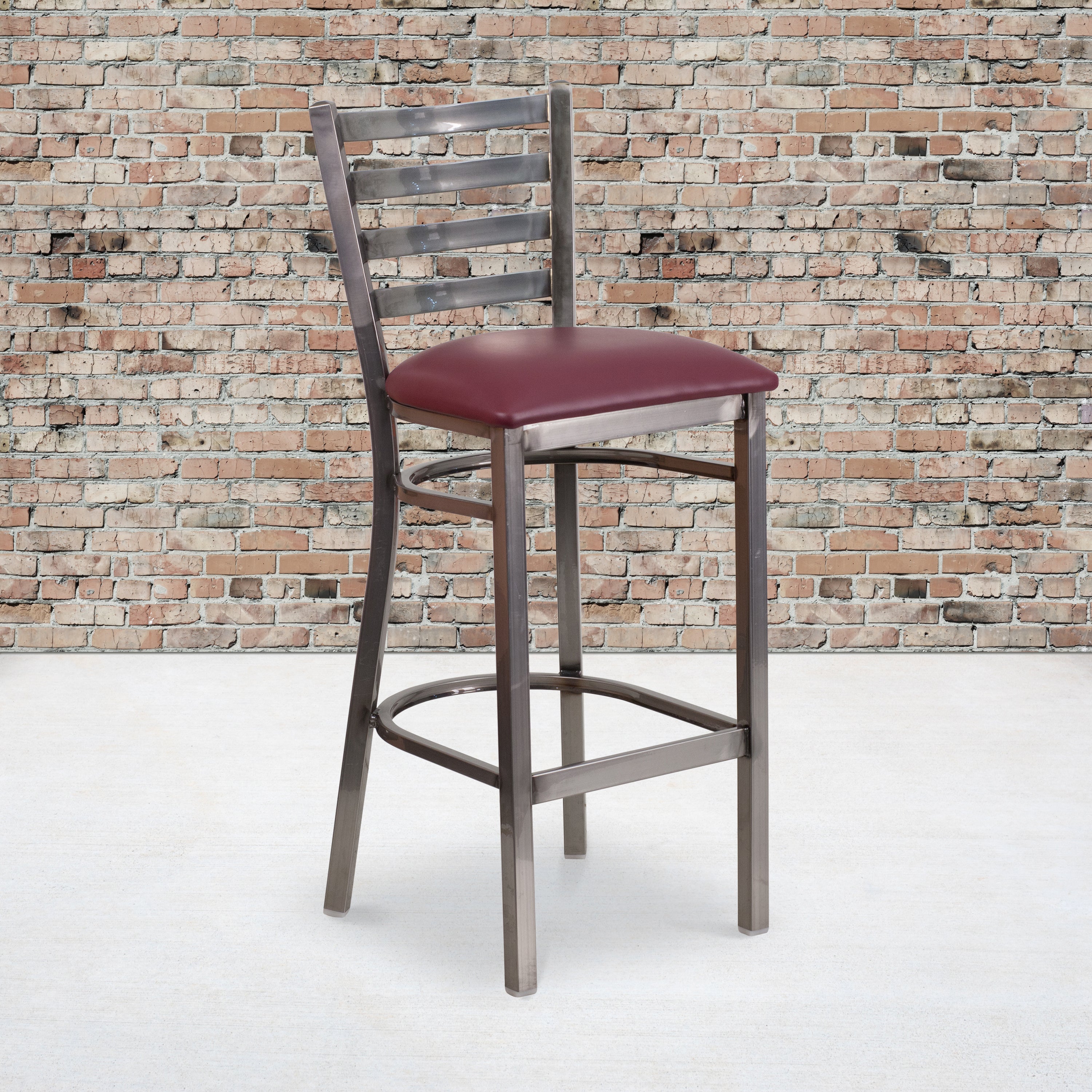 HERCULES Series Silver Antique Finish with Clear Coat Ladder Back Metal Restaurant Barstool - Burgundy Vinyl Seat