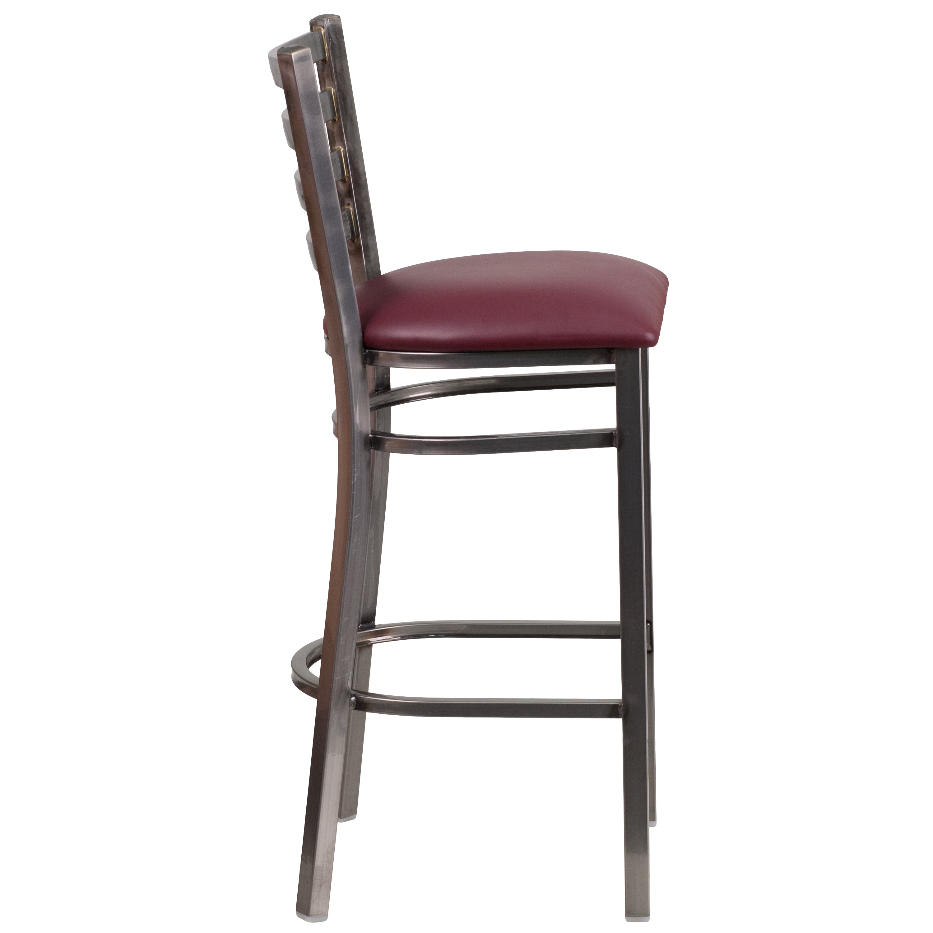 HERCULES Series Silver Antique Finish with Clear Coat Ladder Back Metal Restaurant Barstool - Burgundy Vinyl Seat