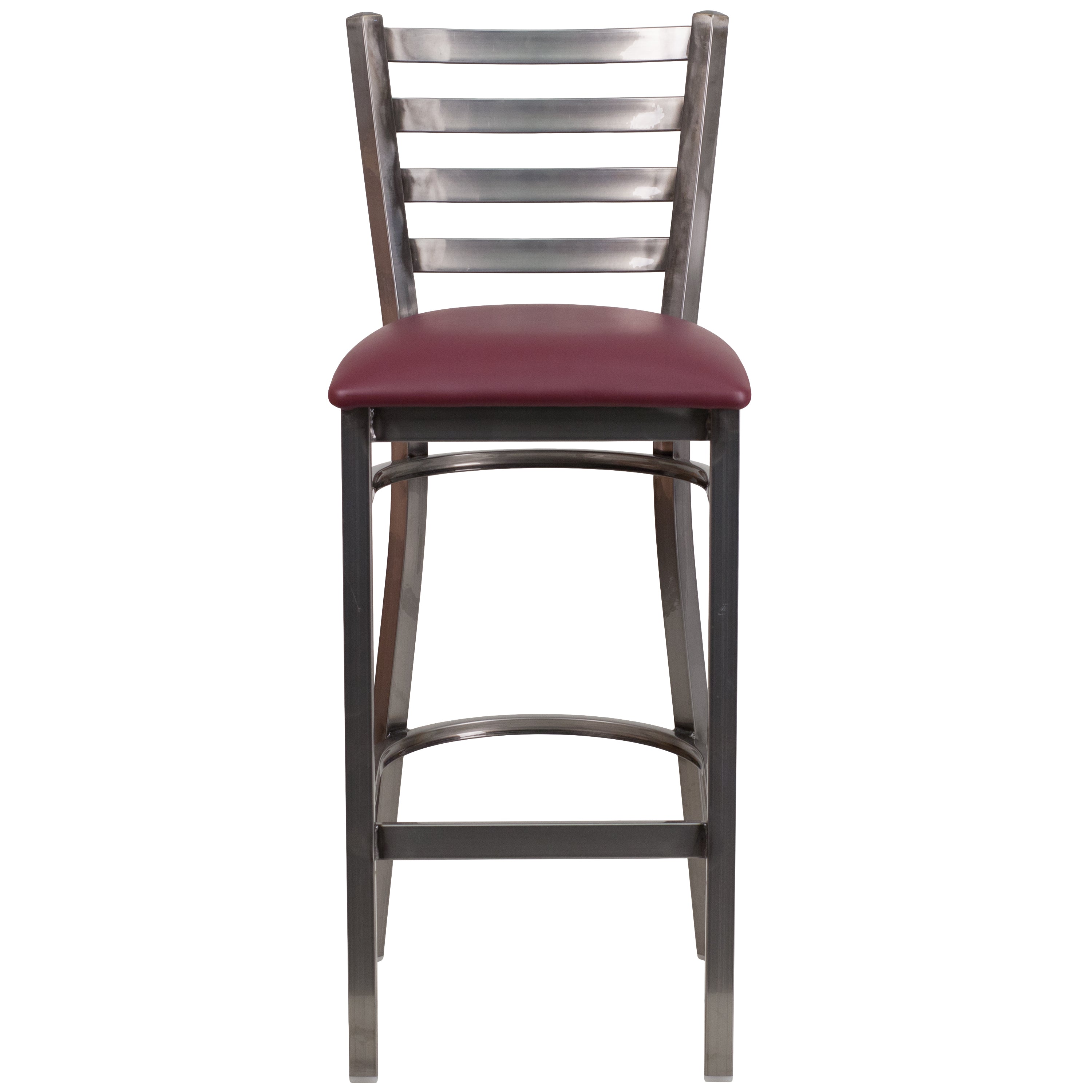 HERCULES Series Silver Antique Finish with Clear Coat Ladder Back Metal Restaurant Barstool - Burgundy Vinyl Seat