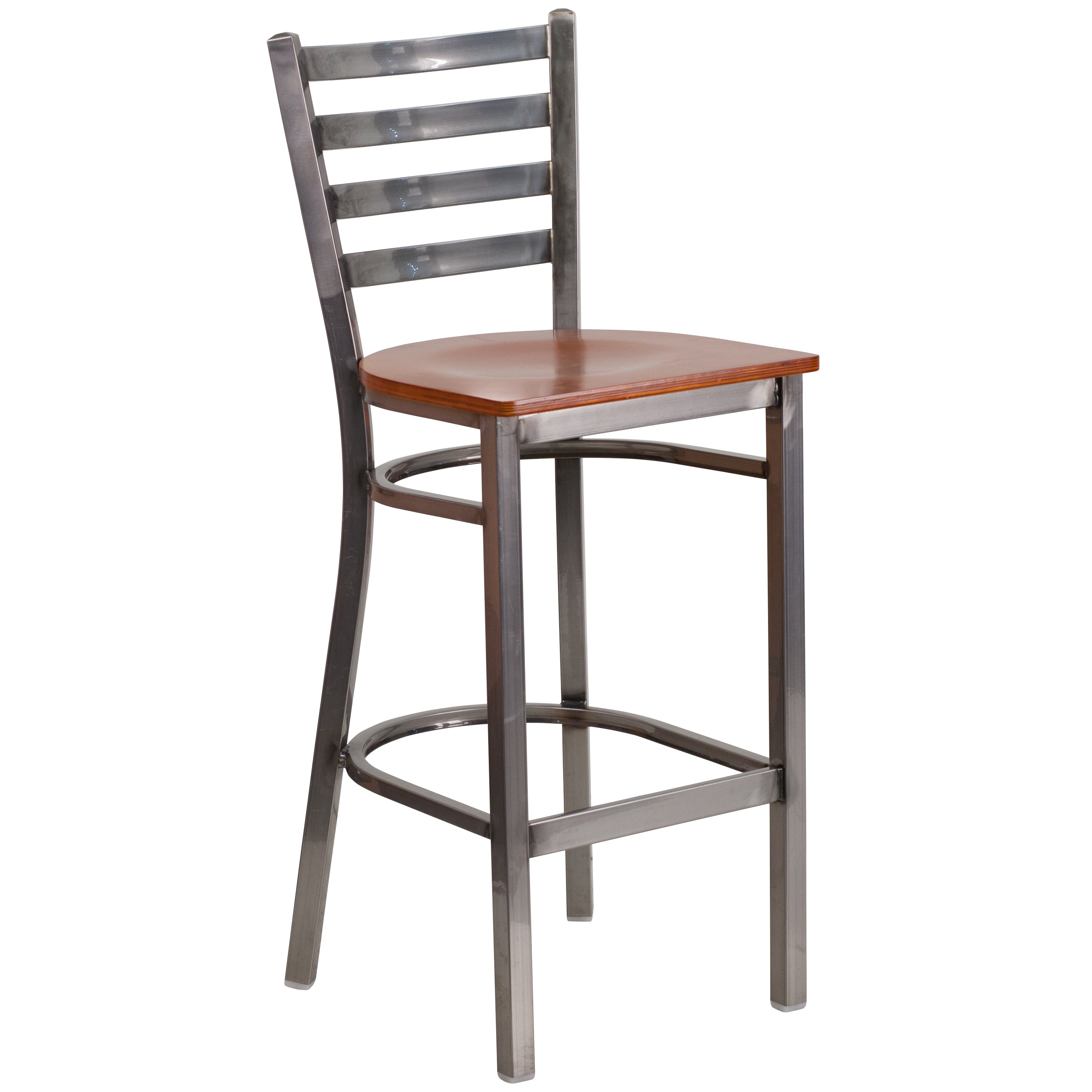 HERCULES Series Silver Antique Finish with Clear Coat Ladder Back Metal Restaurant Barstool - Cherry Wood Seat
