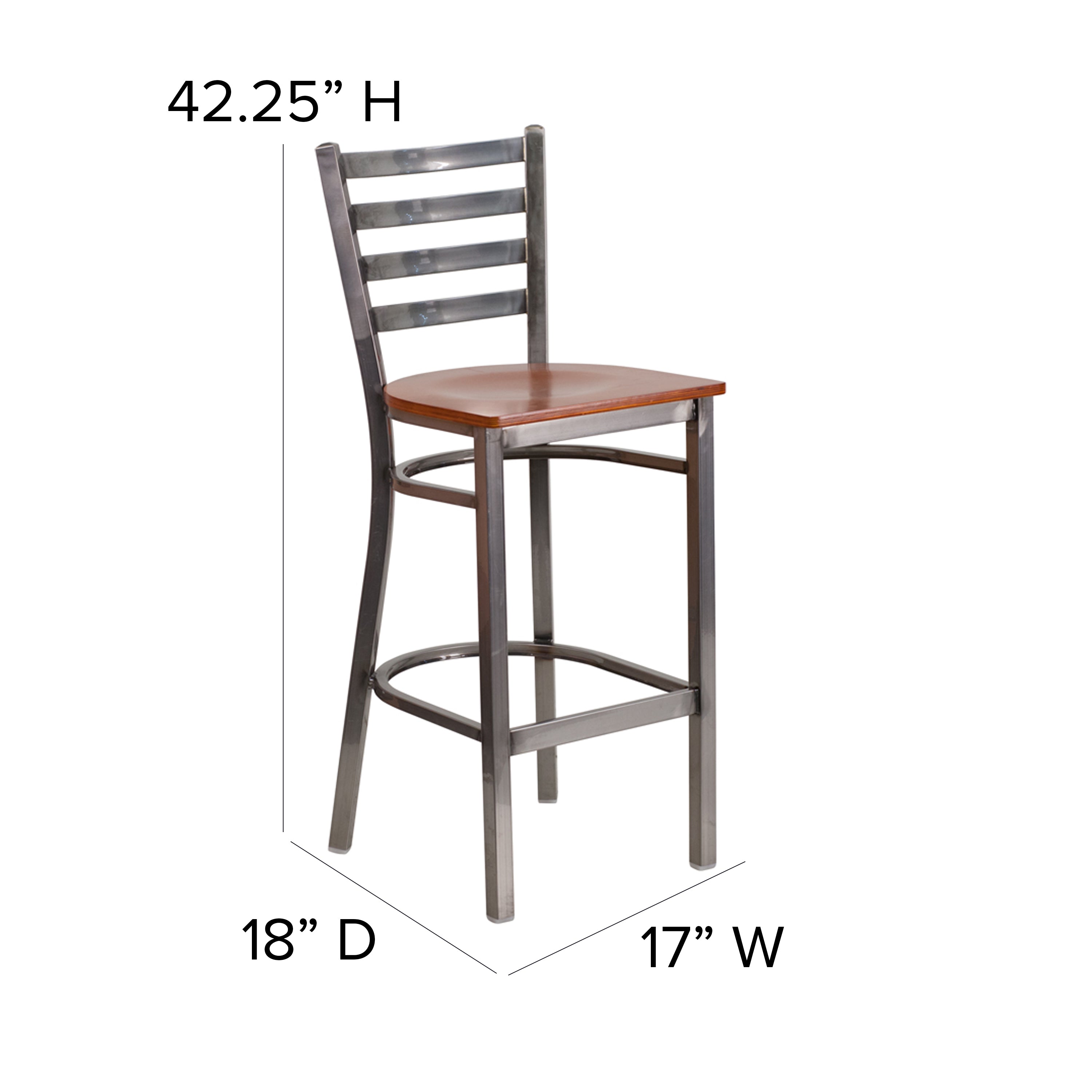 HERCULES Series Silver Antique Finish with Clear Coat Ladder Back Metal Restaurant Barstool - Cherry Wood Seat