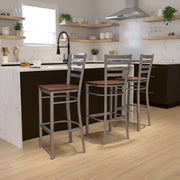 HERCULES Series Silver Antique Finish with Clear Coat Ladder Back Metal Restaurant Barstool - Cherry Wood Seat