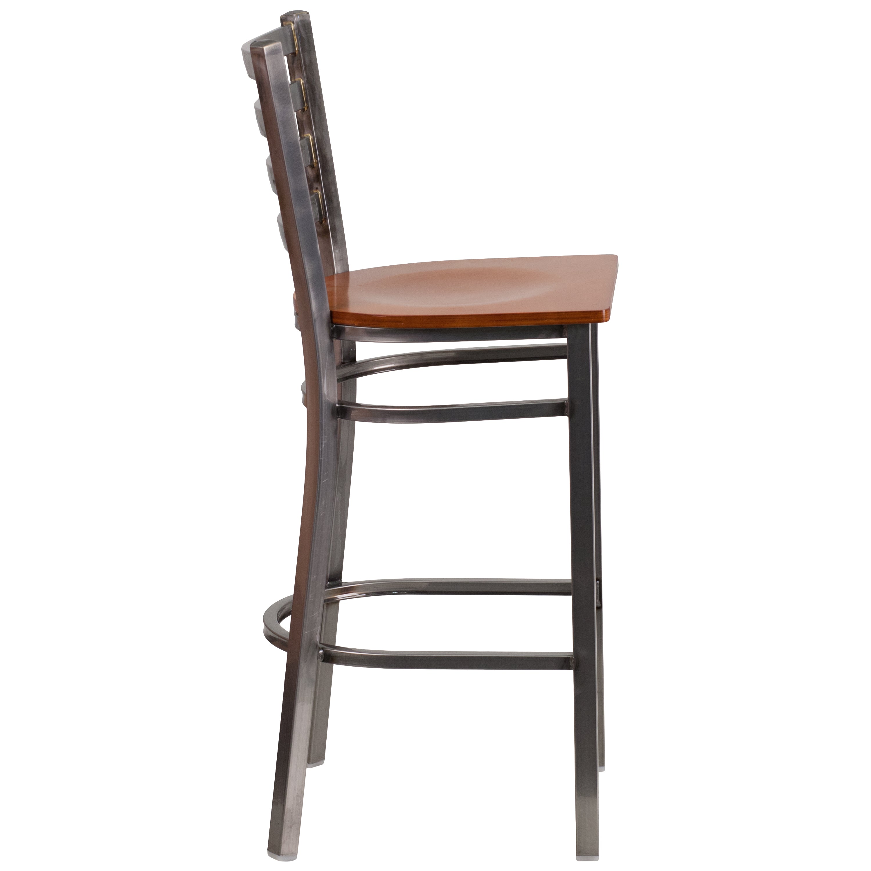 HERCULES Series Silver Antique Finish with Clear Coat Ladder Back Metal Restaurant Barstool - Cherry Wood Seat