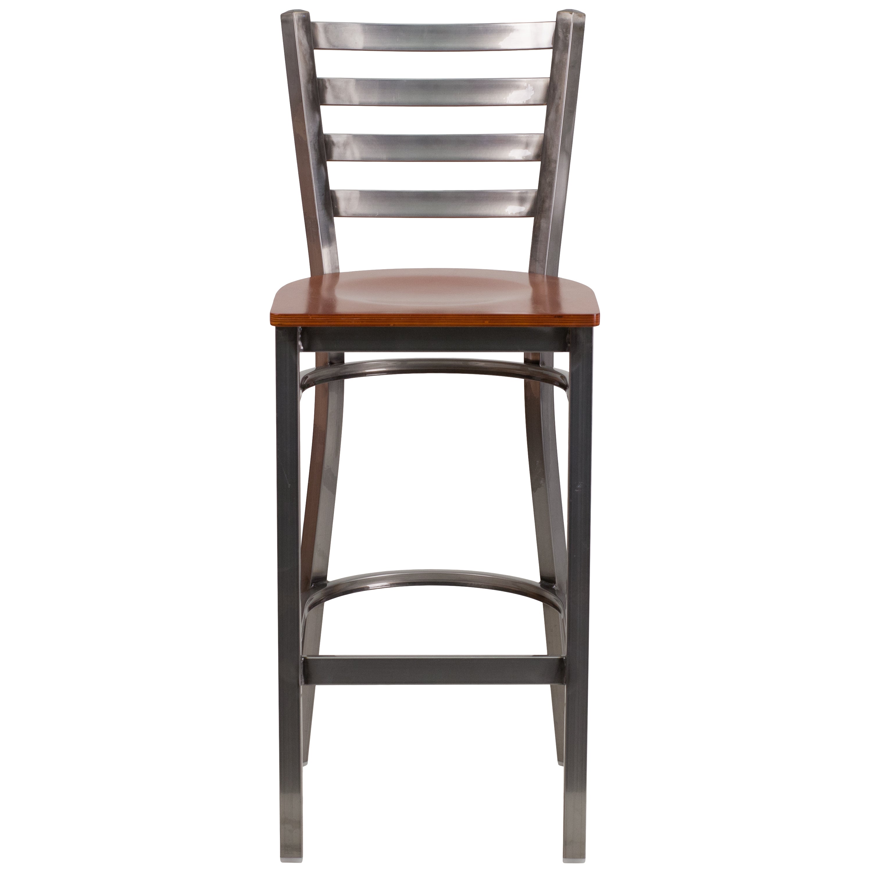 HERCULES Series Silver Antique Finish with Clear Coat Ladder Back Metal Restaurant Barstool - Cherry Wood Seat